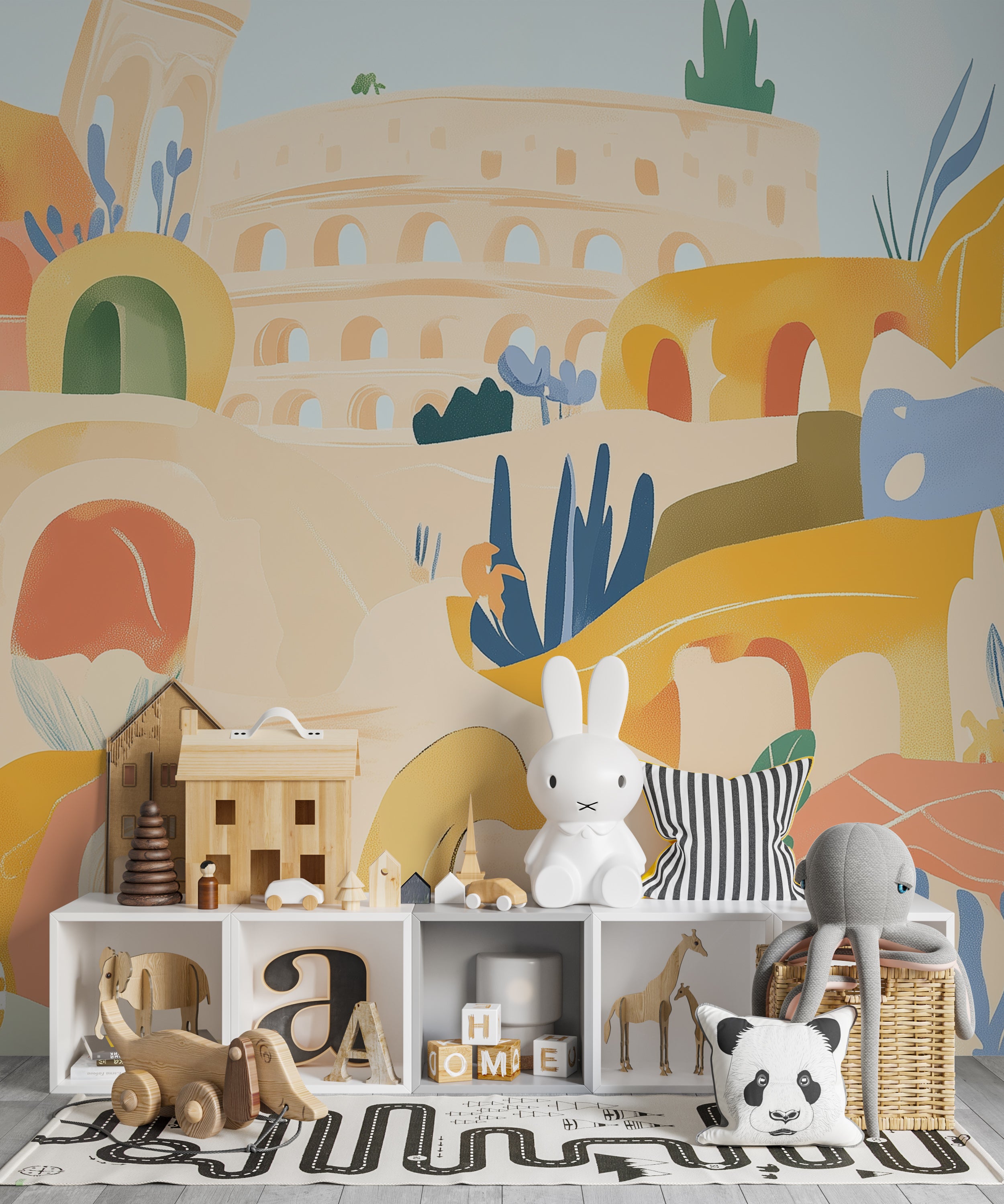 Rome Illustration Wall Mural, Abstract Colorful City Symbols Wallpaper, Italy Mural, Peel and Stick Yellow Town Art