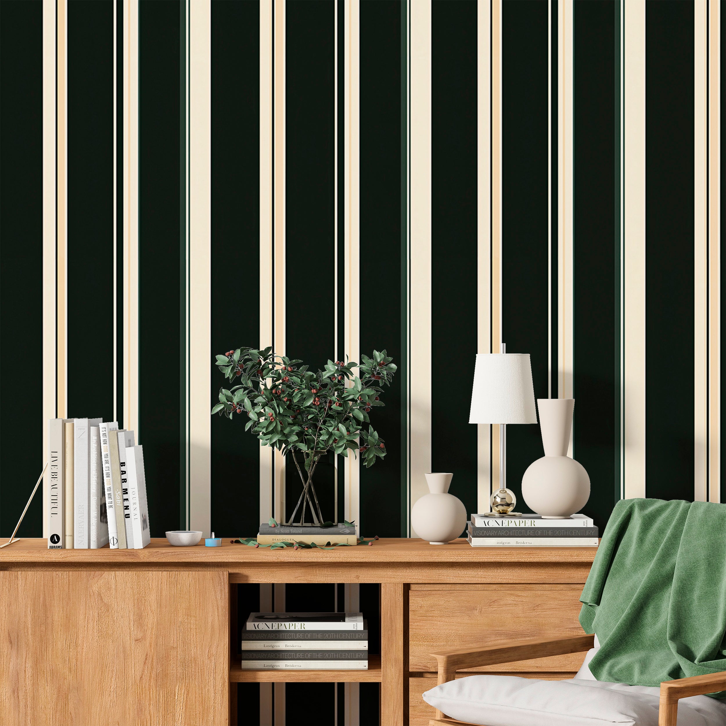 Dark Green and Beige Striped Wallpaper, Elegant Vertical Stripe Wall Decor, Peel and Stick Wallpaper