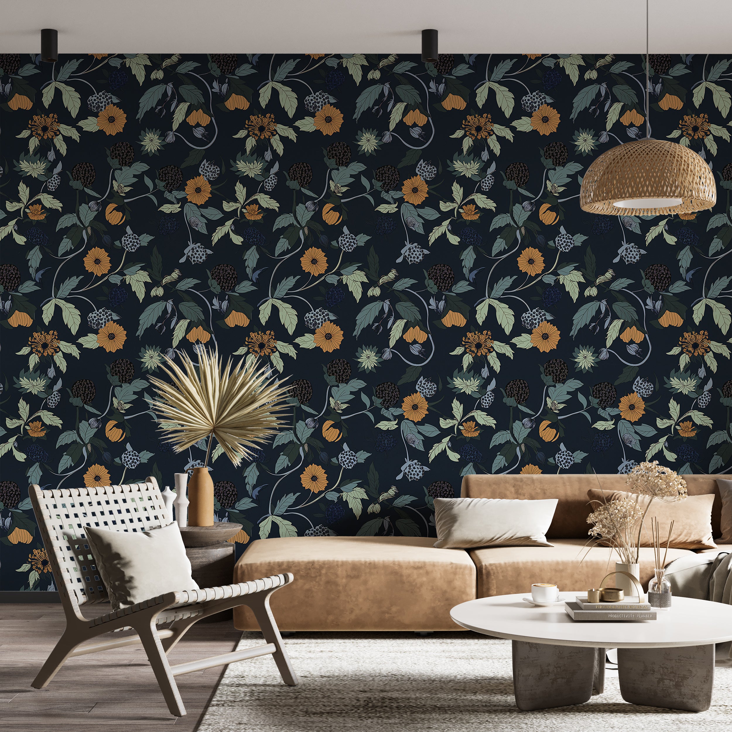 Dark Navy Blue Floral Wallpaper with Berries, Botanical Wall Decor, Hand-Drawn Flower and Berry Design, Modern Nature-Inspired Peel and Stick Wallpaper