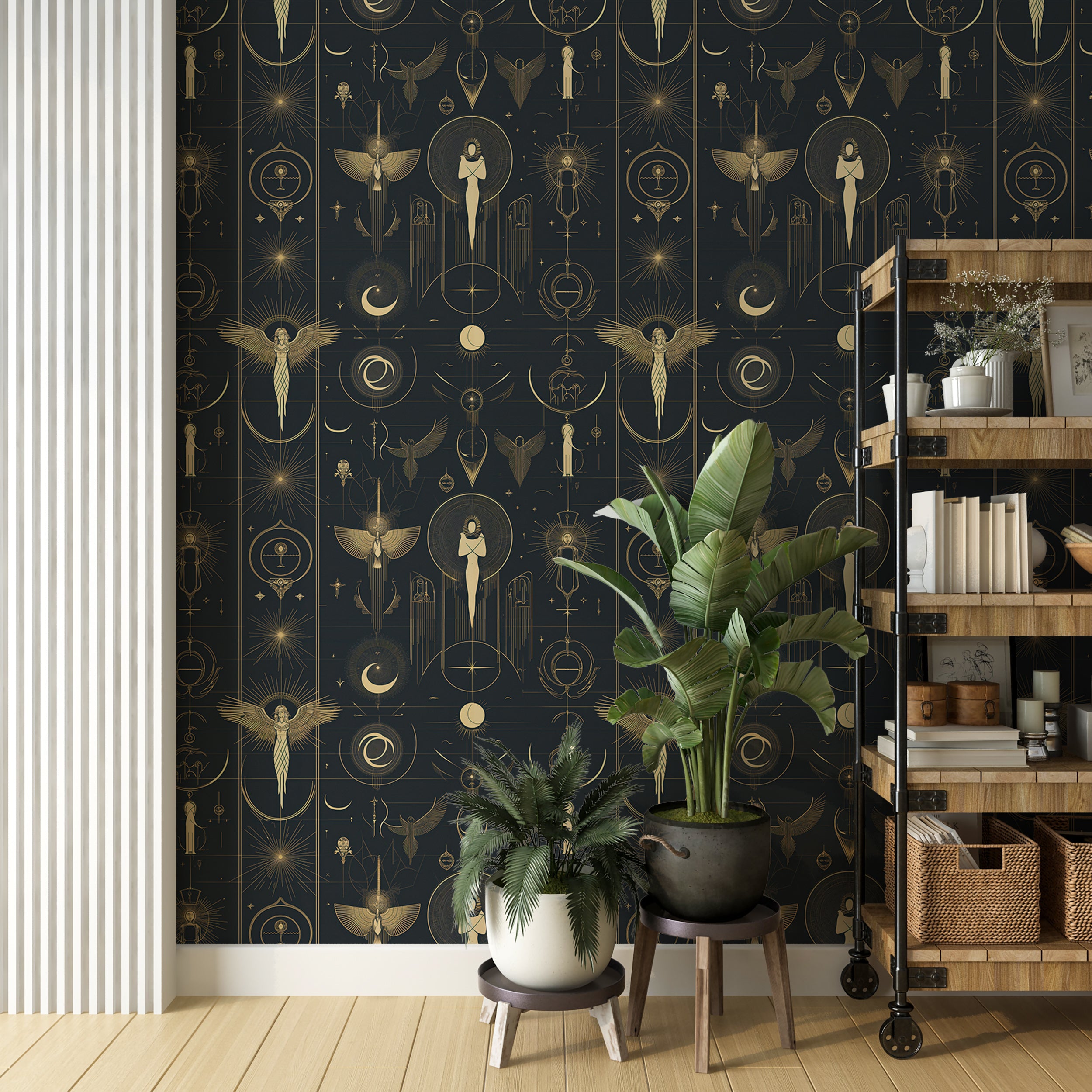 Dark blue and bronze astrology wallpaper.
Zodiac and celestial symbols wall mural.