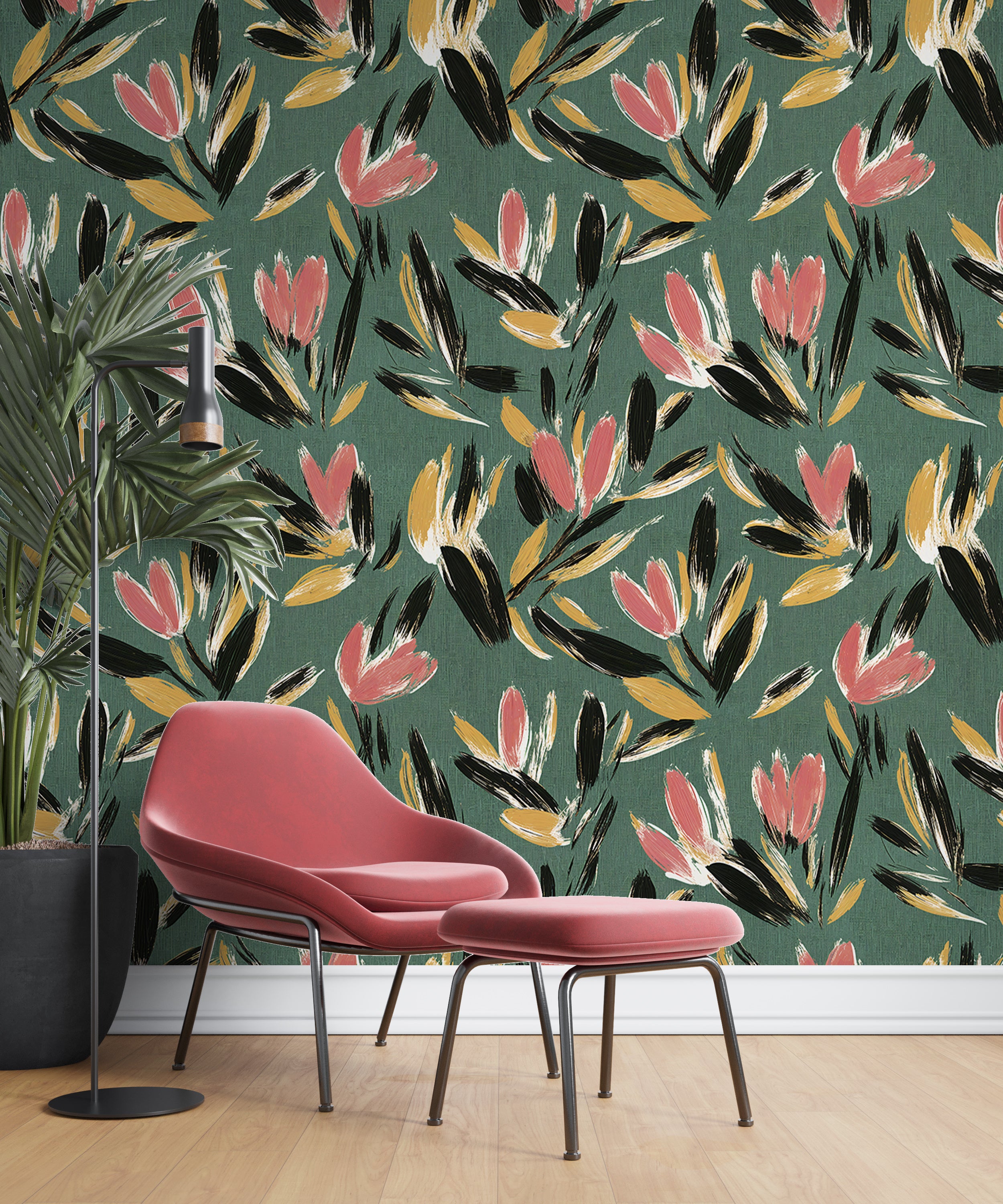 Brush-painted flowers on green linen wallpaper.
Modern floral wall mural with abstract blooms.