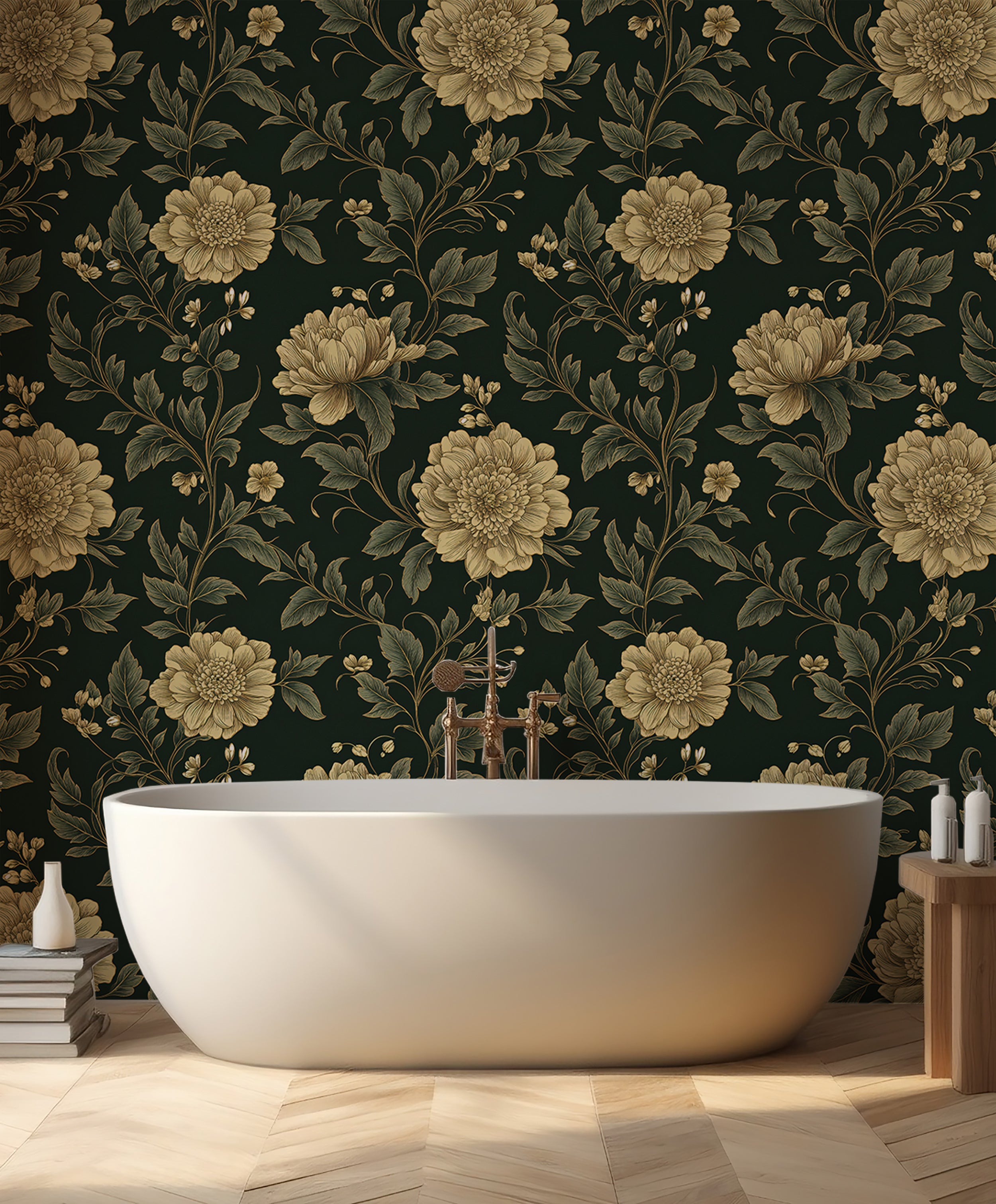 Vintage Dark Floral Wallpaper, Classic Peony Removable Wallpaper, Antique Floral Pattern, Elegant Botanical Peel and Stick Wallpaper