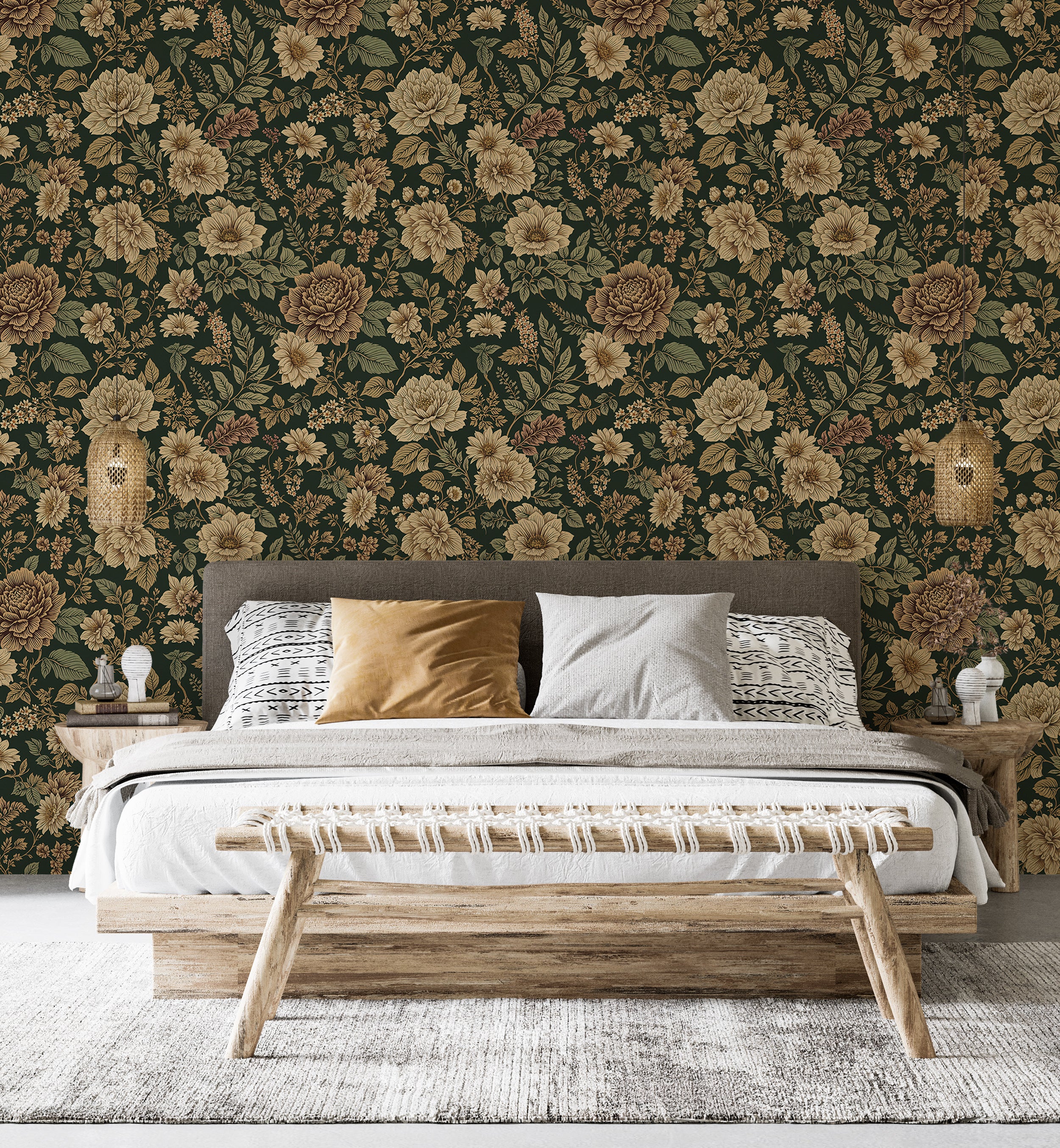 Detailed green floral wallpaper with beige flowers.
Vintage floral wall mural with peonies.