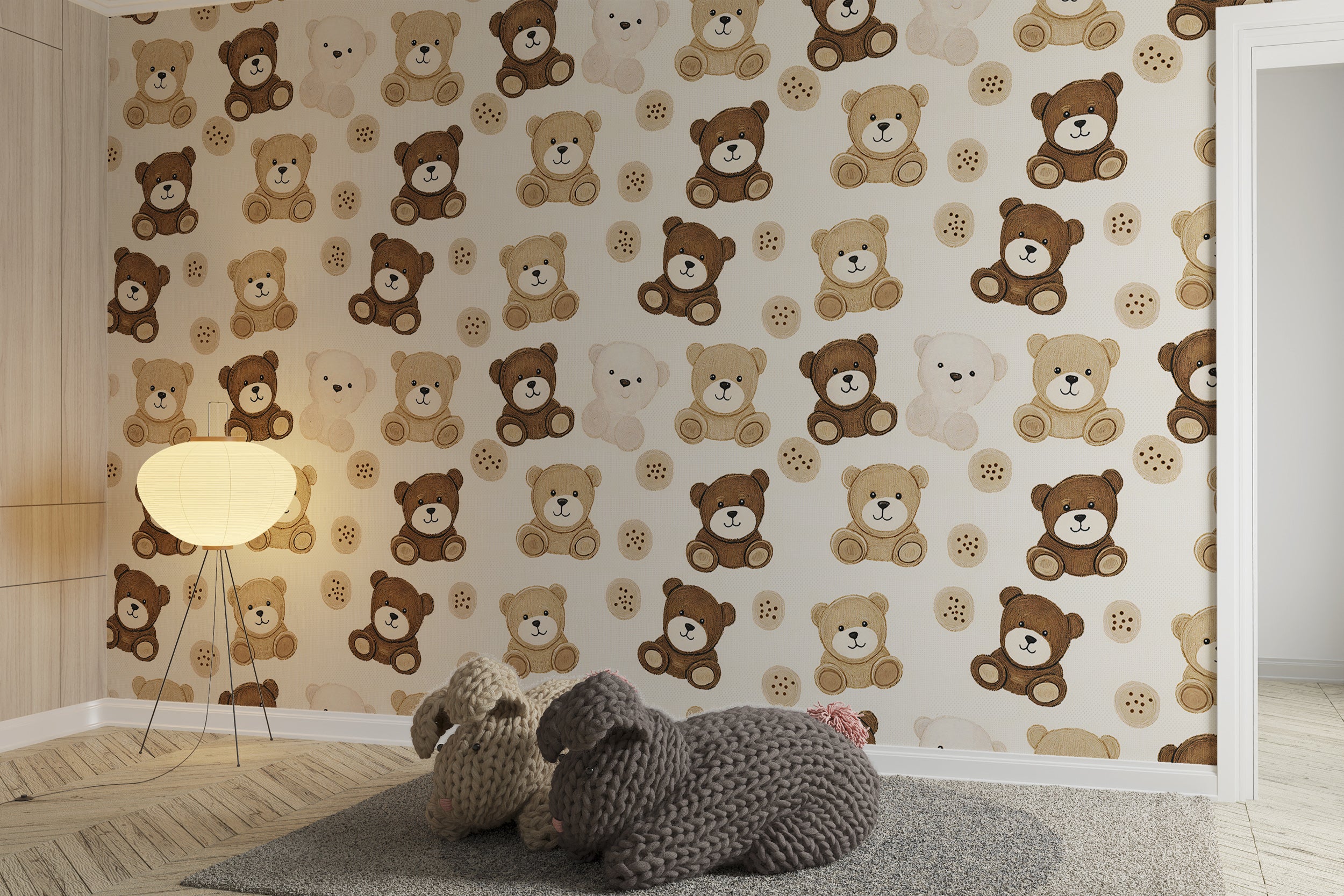Nursery Beige Toy Bear Pattern Wallpaper, Cute Baby Room Wall Decal, Adorable Animal Design, Kid's Room Peel and Stick Wallpaper