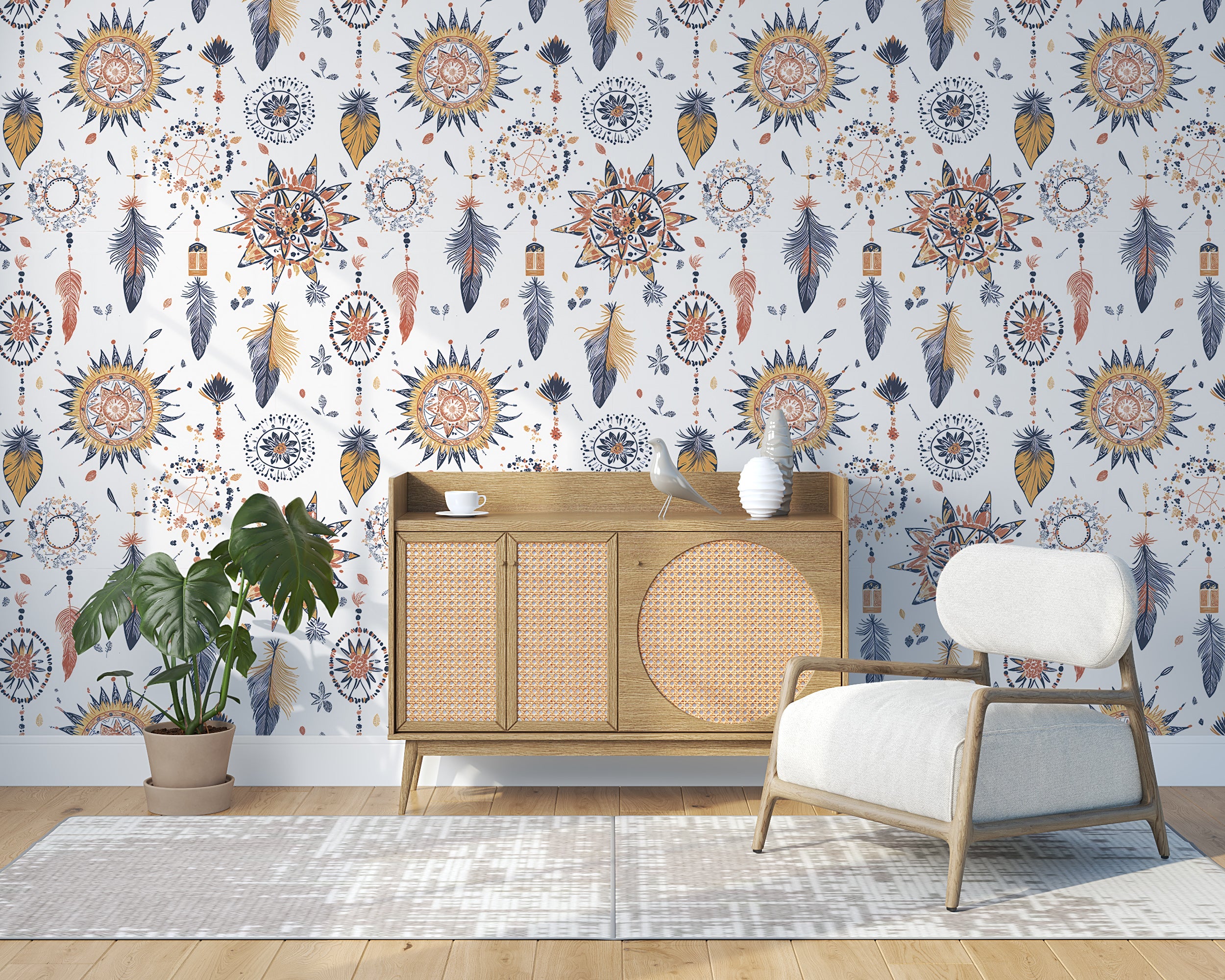 Boho Symbols White Wallpaper, Abstract Bohemian Wall Decor, Spiritual and Mystical Symbols, Modern Peel and Stick Wallpaper