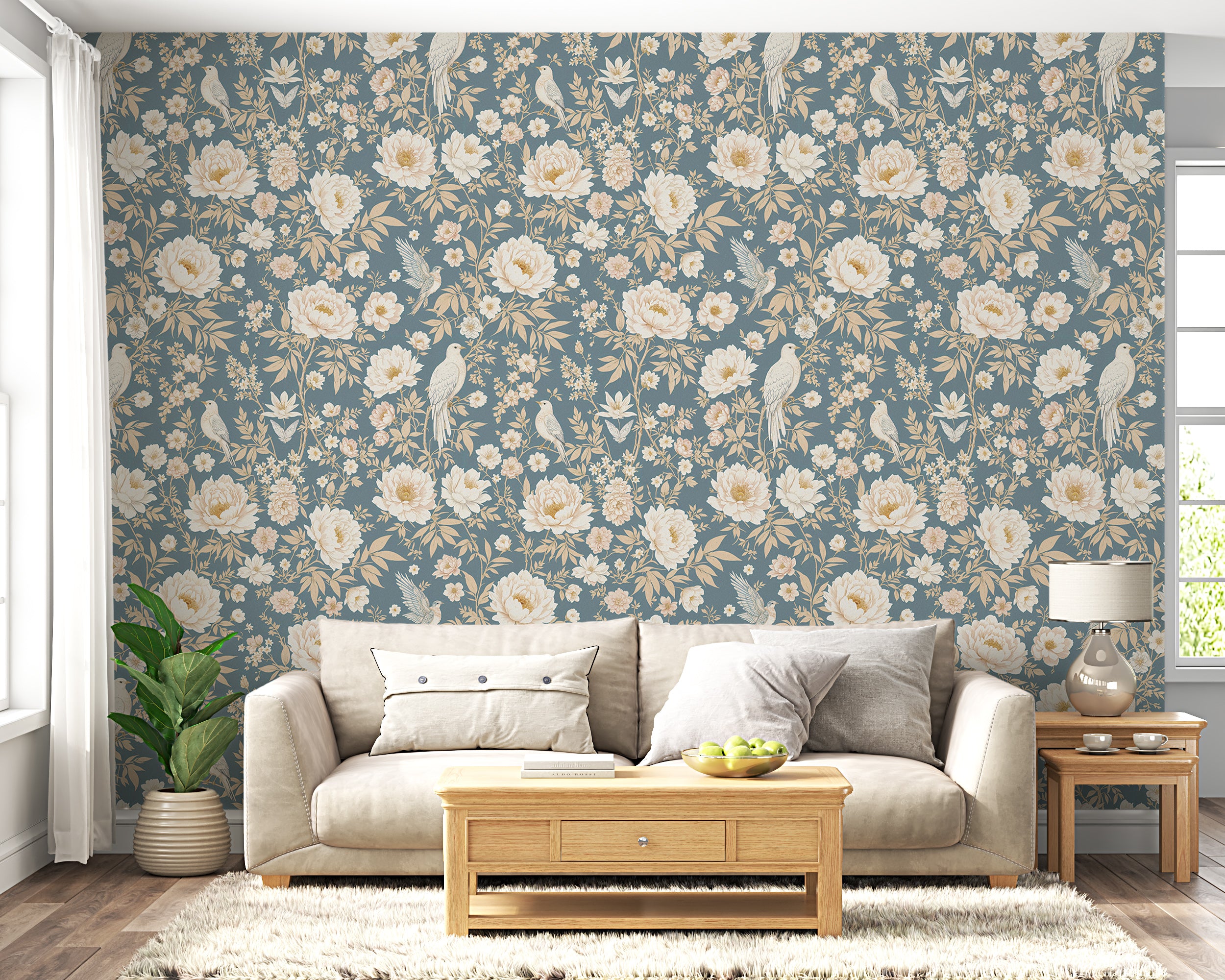 Watercolor Baby Blue Chinoiserie Wallpaper, Elegant Japanese Pattern, Peel and Stick Wallpaper