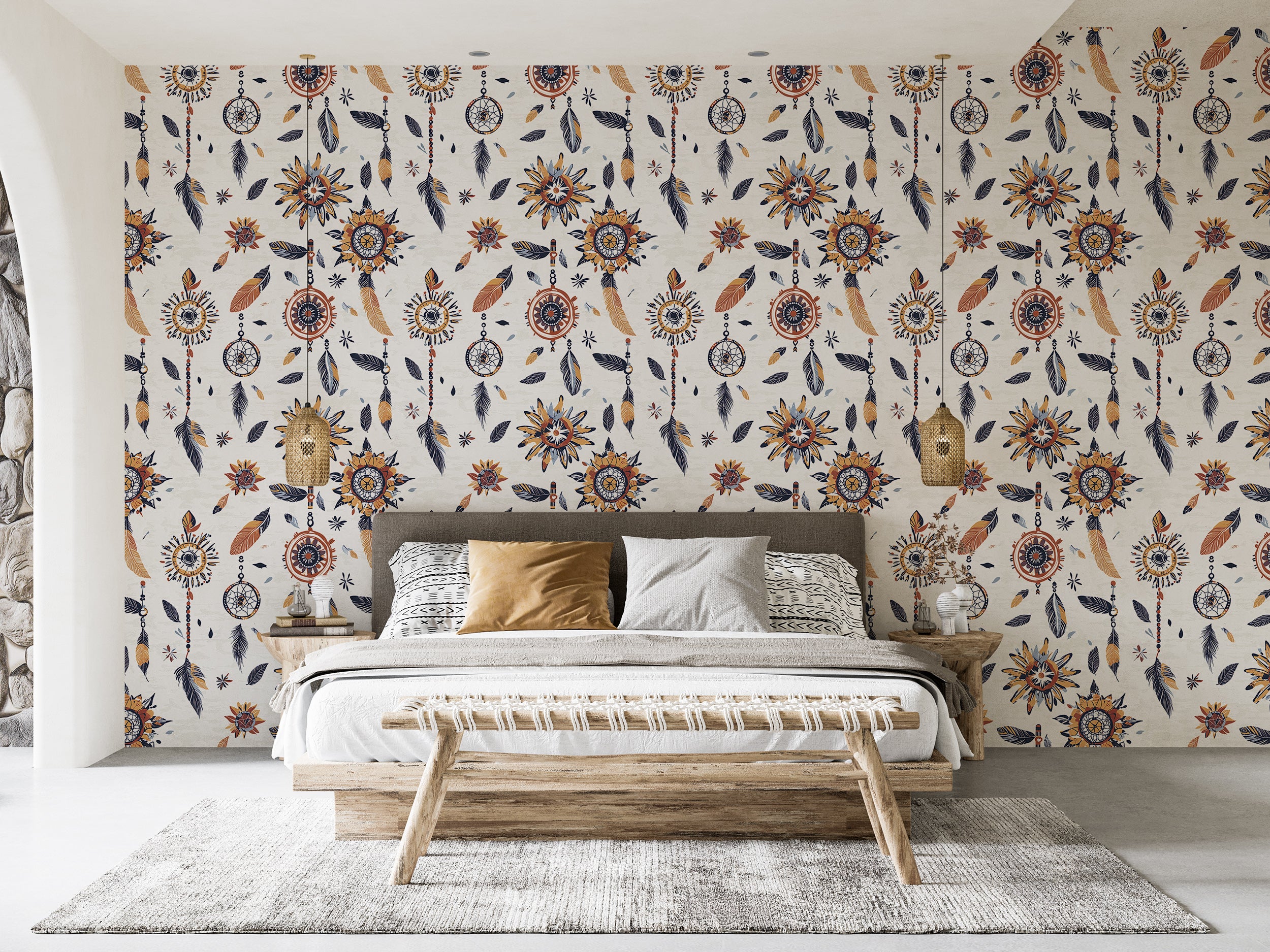 Papel pintado con símbolos bohemios blancos, decoración de pared con atrapasueños espirituales, arte de pared bohemio abstracto, papel pintado autoadhesivo.