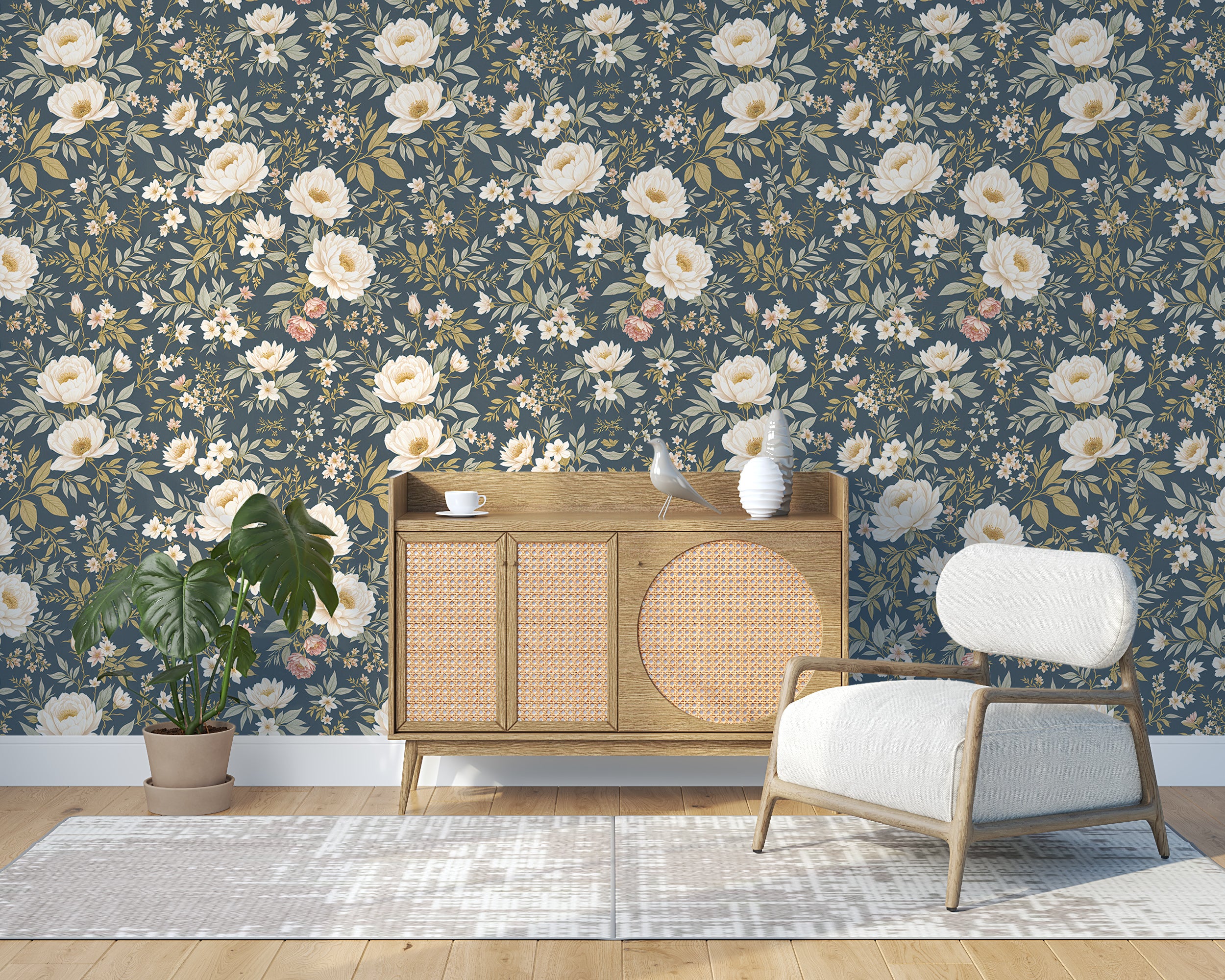 Peonies on Blue Muted Background Wallpaper, Elegant Floral Wall Decor, Soft Floral Wallpaper, Peel and Stick Renter-Friendly Wallpaper