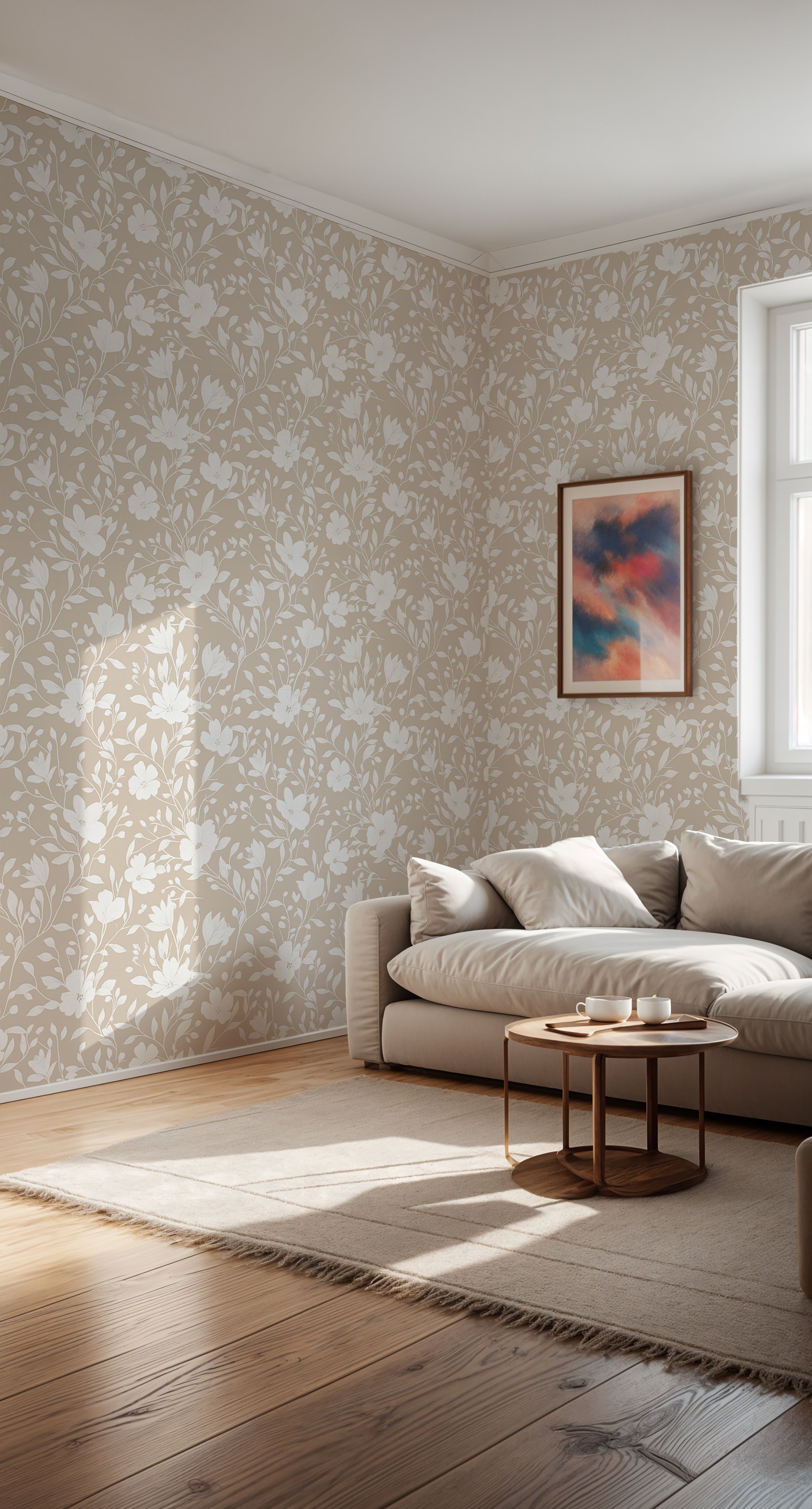 Light minimalist beige floral wallpaper.
Soft white flower and leaf design wall mural.