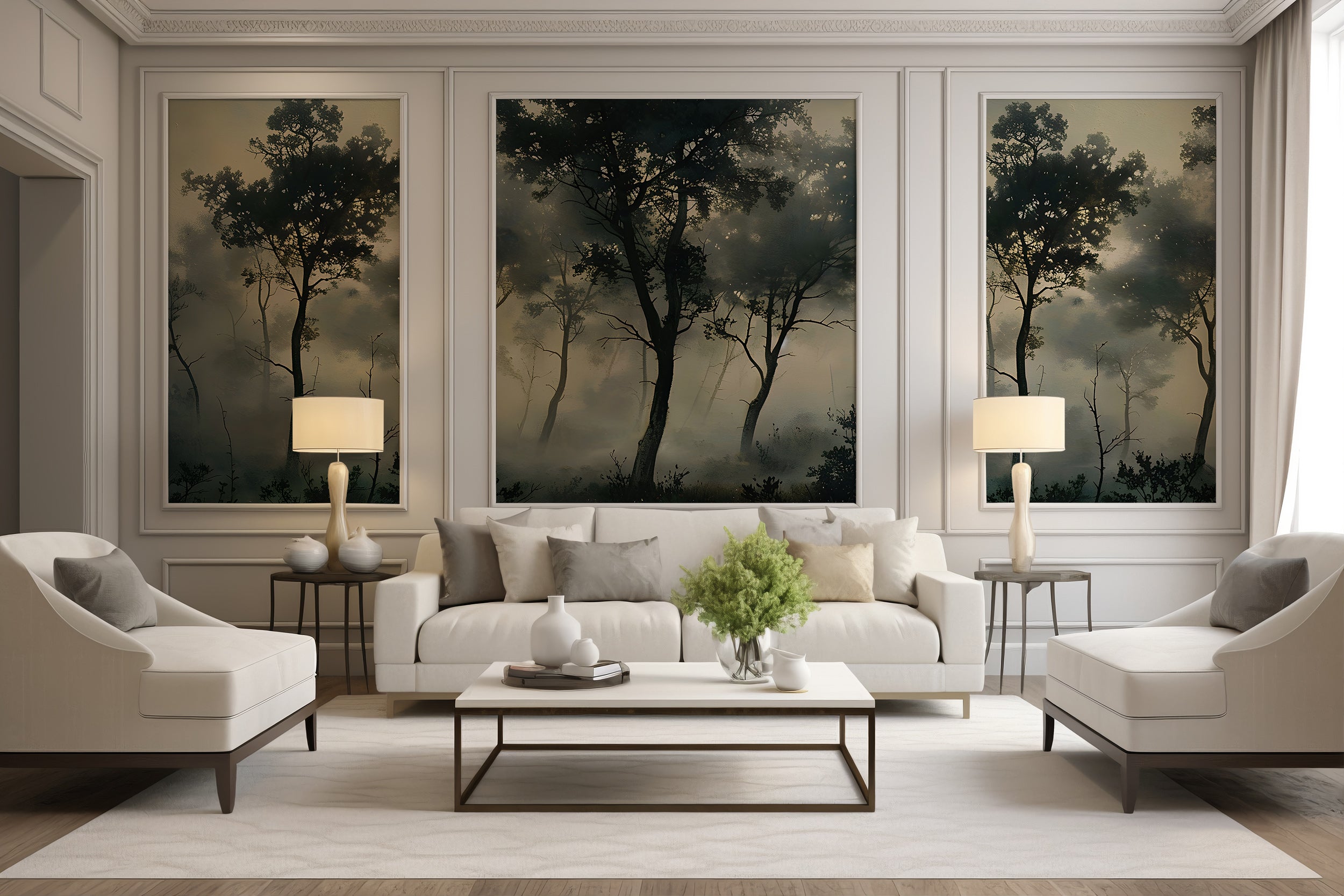 Dark misty forest wall decal Vintage woodland mural wallpaper