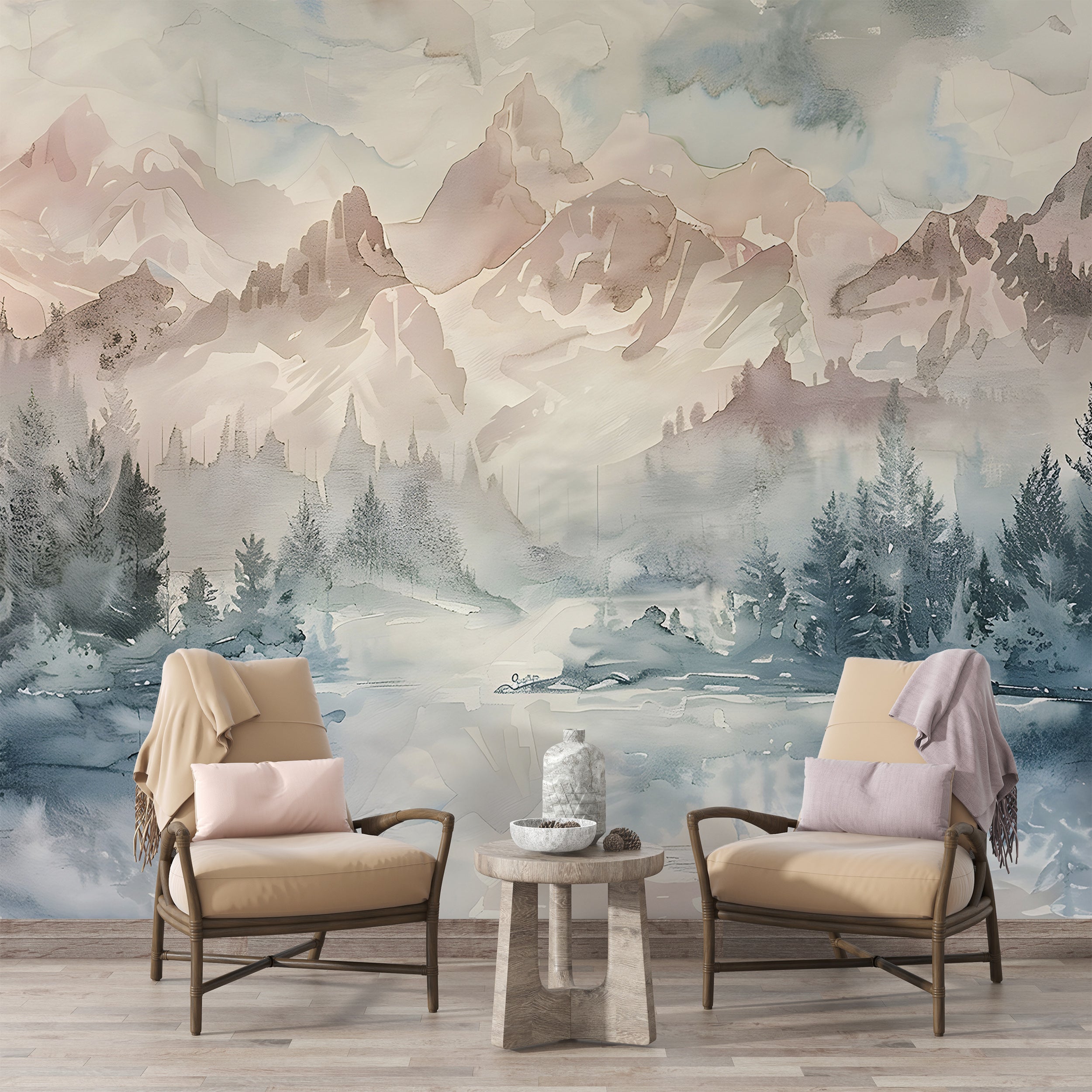 Removable Mountain and Forest Watercolor Art Tranquil Mountain Lake Wall Decor