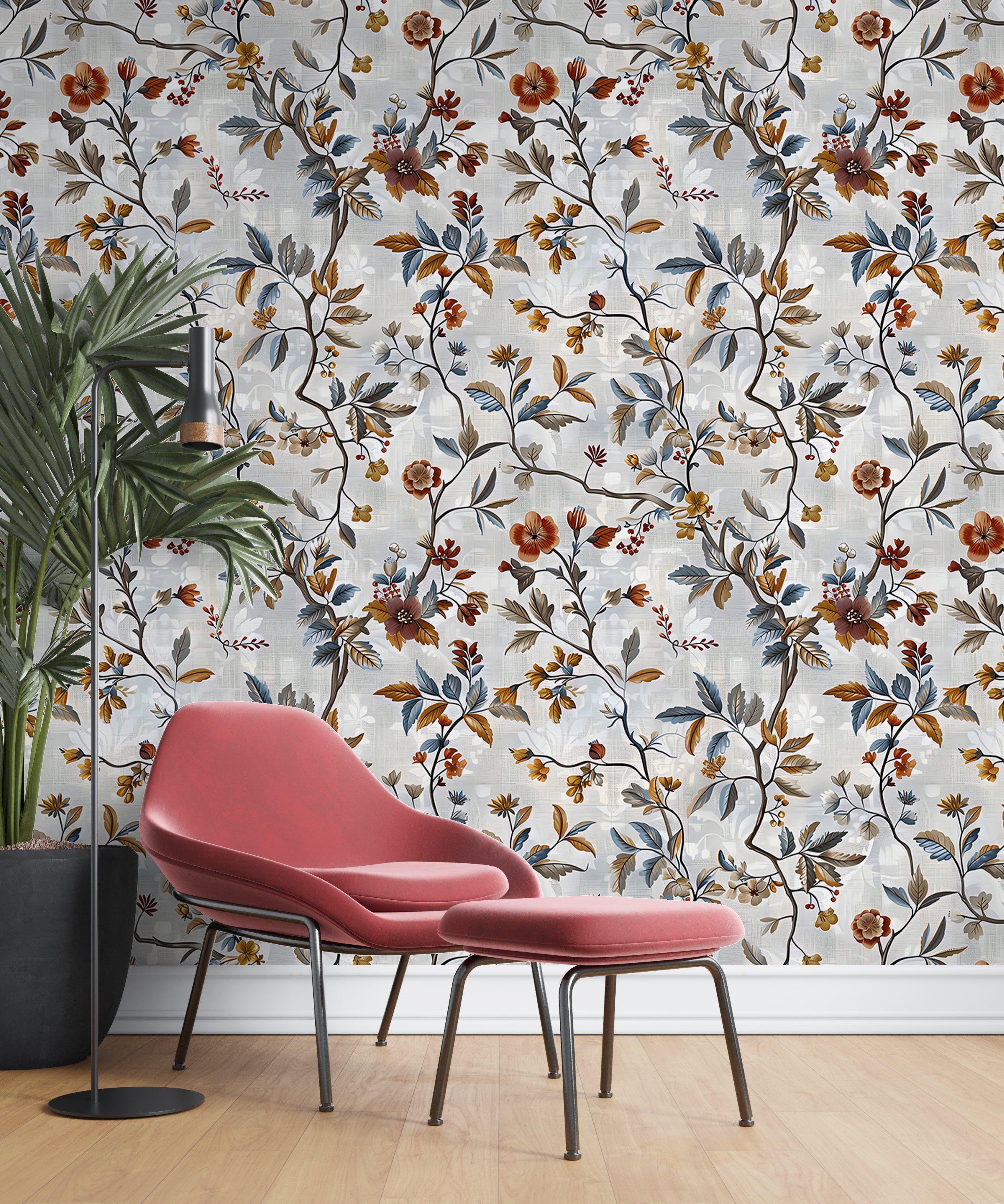 Grey floral peel and stick wallpaper Autumn color flowers wallpaper