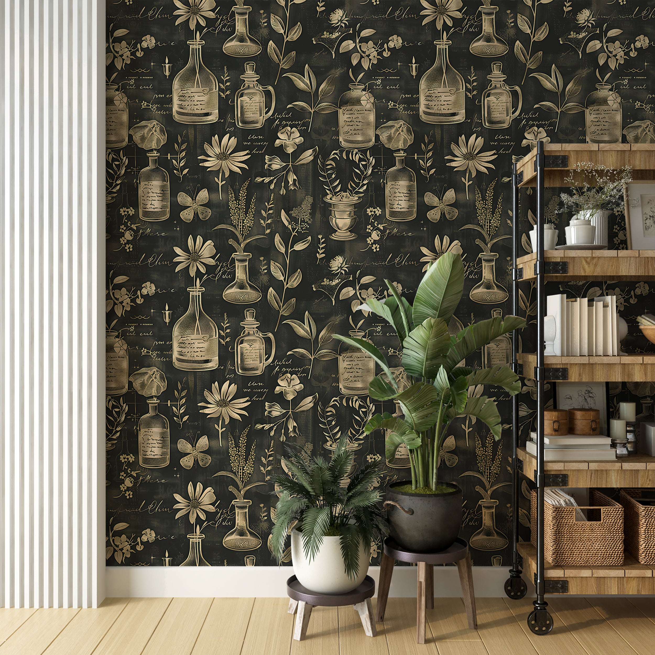 Dark green and beige alchemy wallpaper Peel and stick herbal wallpaper