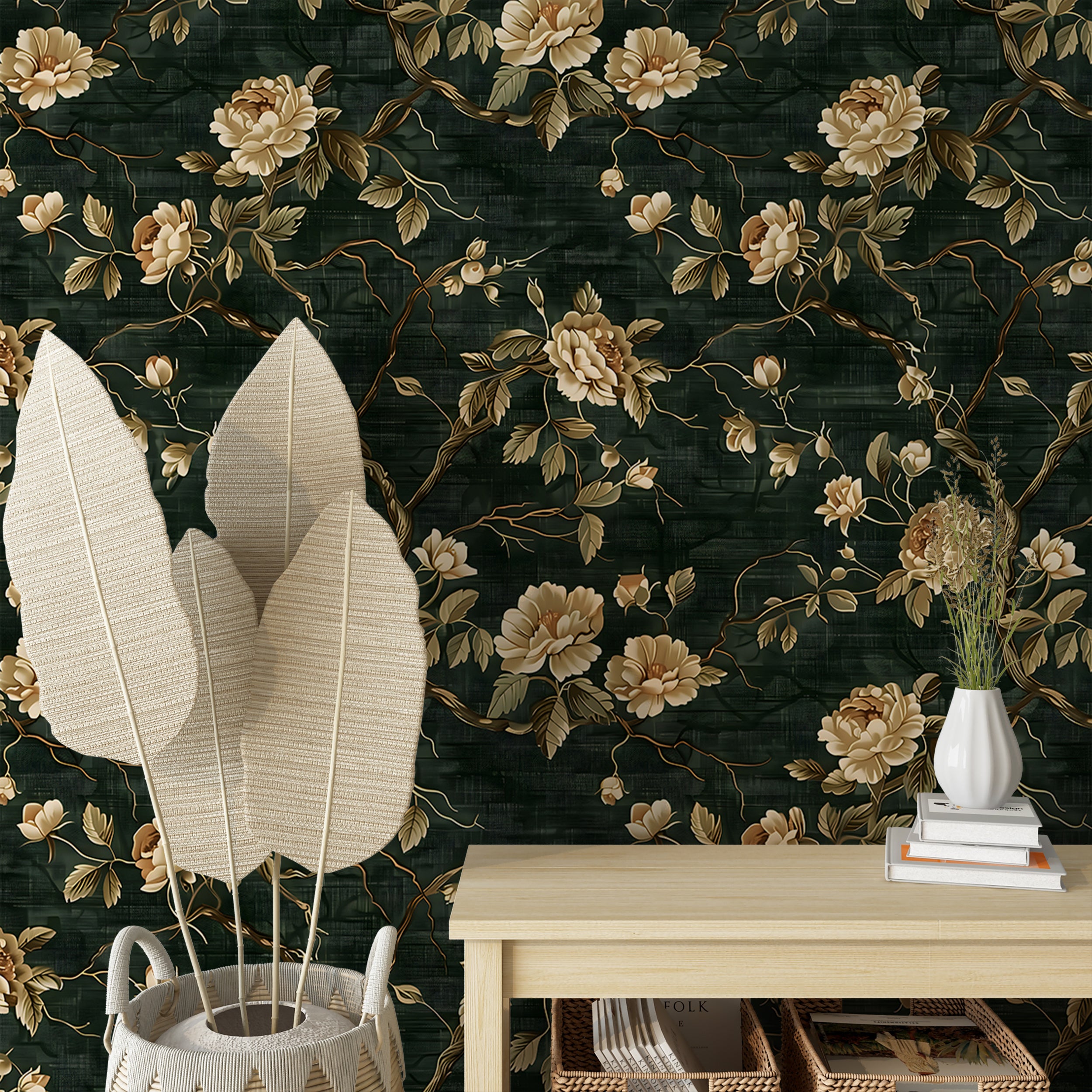 Dark green vintage botanical wallpaper Rich green and gold floral wallpaper