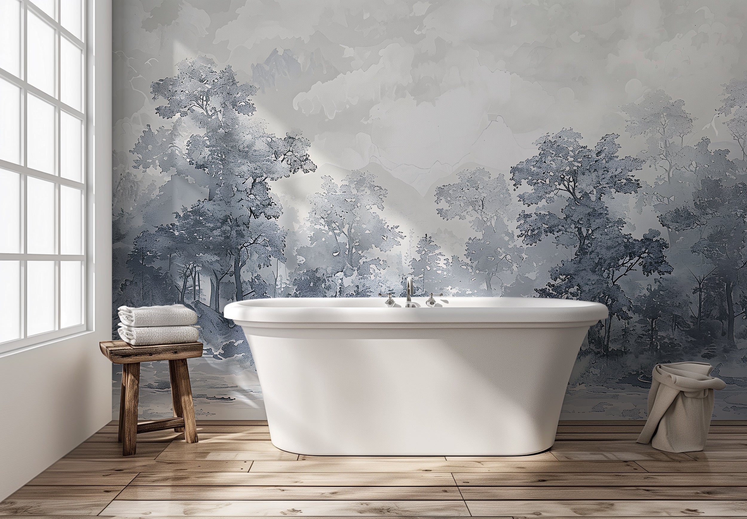 Watercolor Grey Forest Wallpaper, Monochrome Trees Mural, Peel and Stick Soft Nature Decor, Removable Classic Forest Mural, Custom Size Art