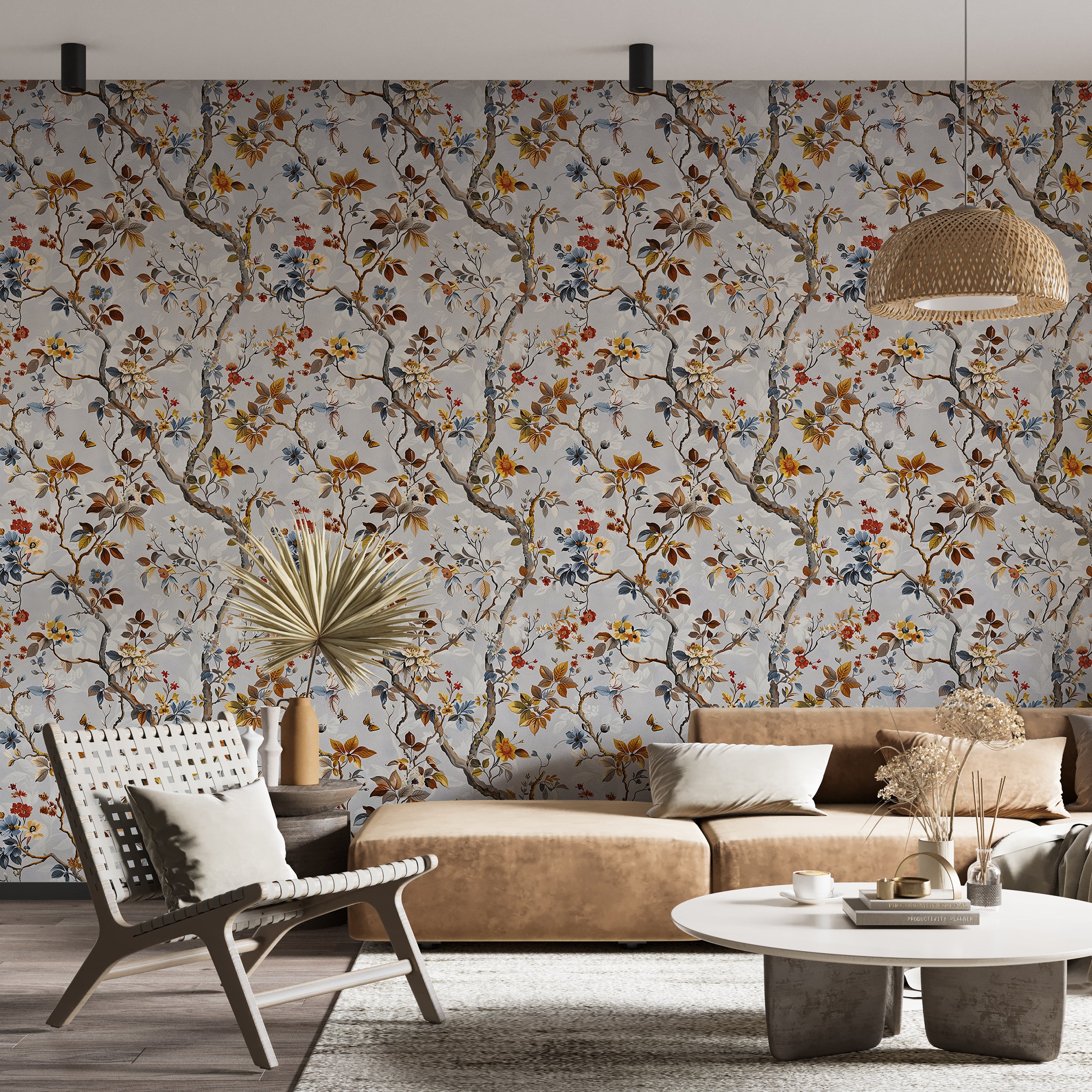 Fall Botanical Wallpaper, Grey Floral Wallpaper, Peel and Stick Tree Leaves and Flowers, Removable Blossom Branches Wall Decor