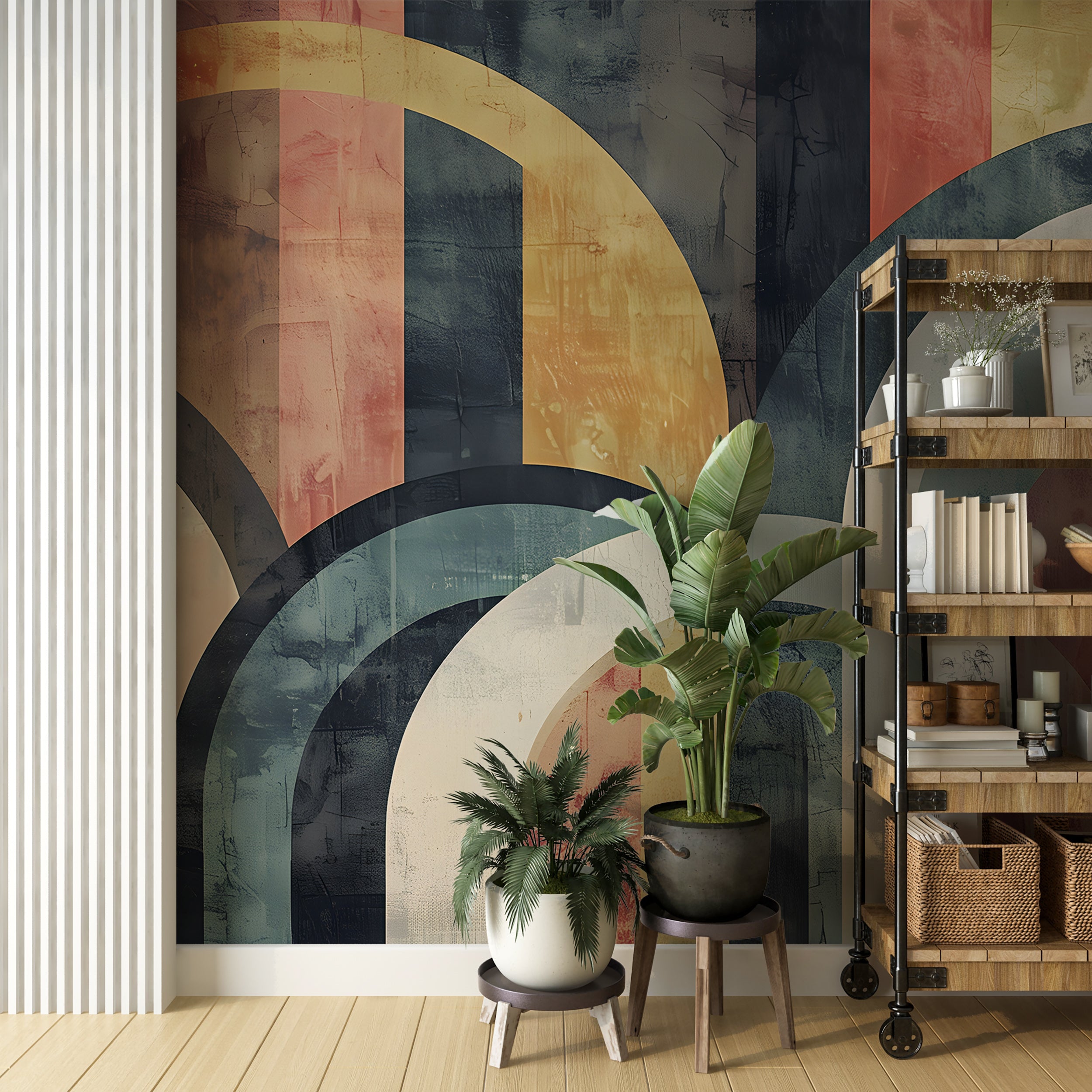 Colorful geometric arch mural