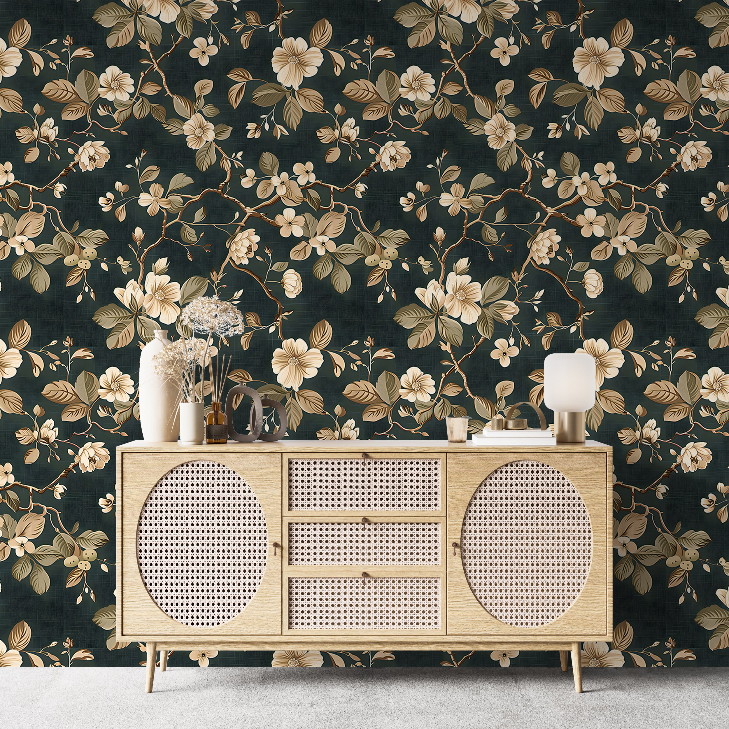 Deep green botanical wallpaper Vintage dark floral wallpaper