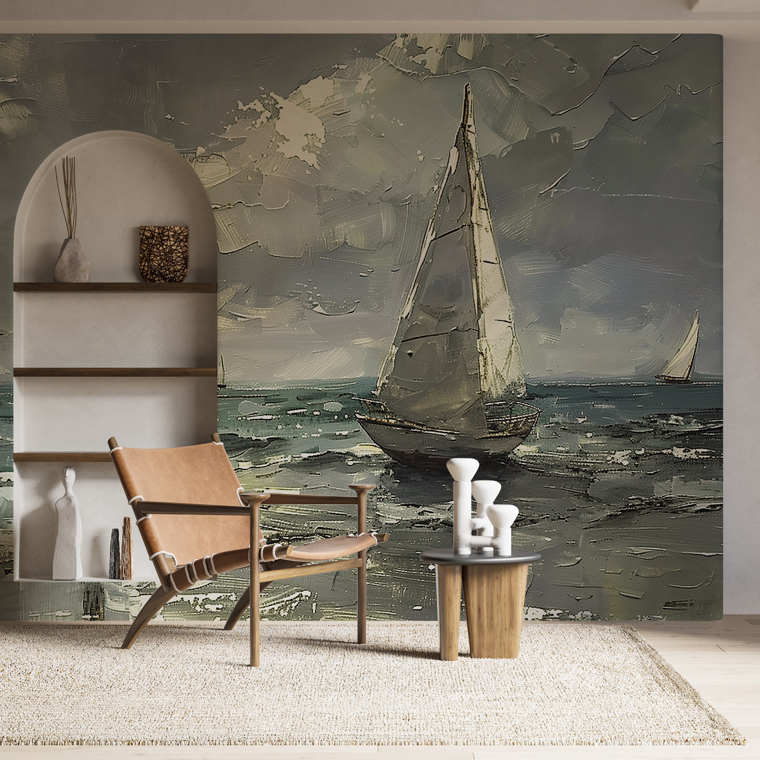 Sailboat Oil Painting Wallpaper, Dark Ocean Wall Mural, Palette Knife Style Sea Wallpaper, Peel and Stick White Boats Wall Decor