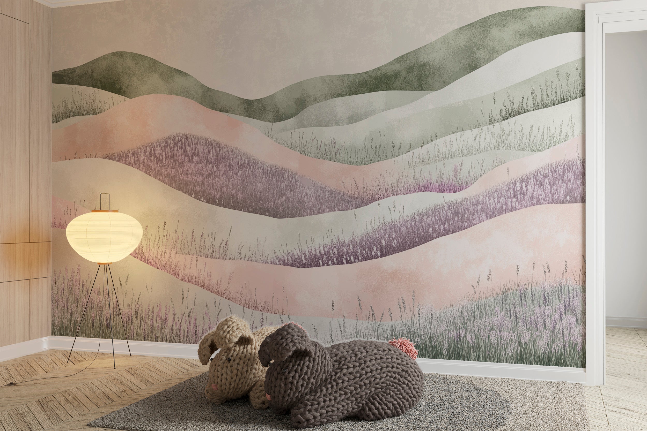 Pastel Colors Lavender Field Mural, Soft Watercolor Flower Meadow Wallpaper, Nursery Peel and Stick Nature Wall Art