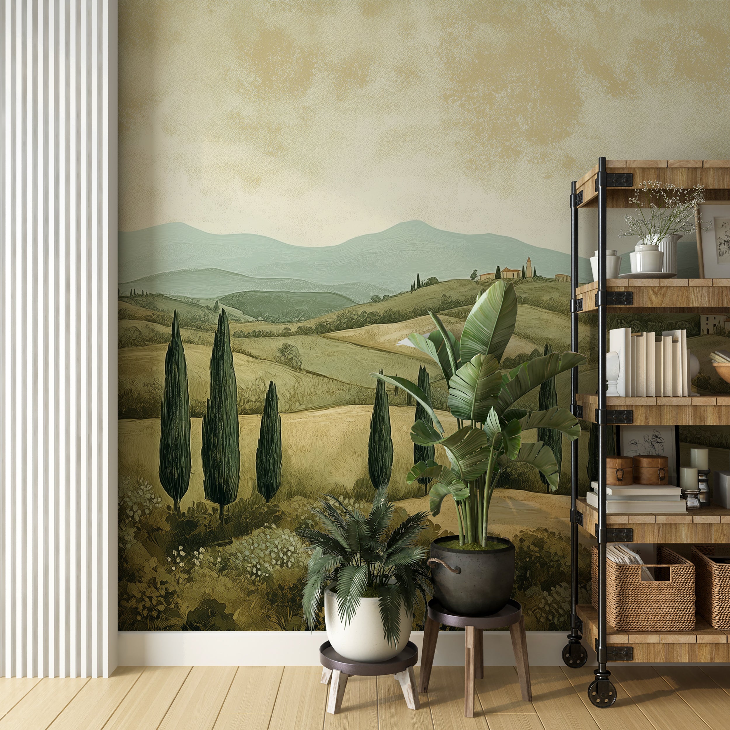 Watercolor Green Field Mural, Vintage Scenic Italian Landscape Wallpaper, Peel and Stick Cypress Trees Mural