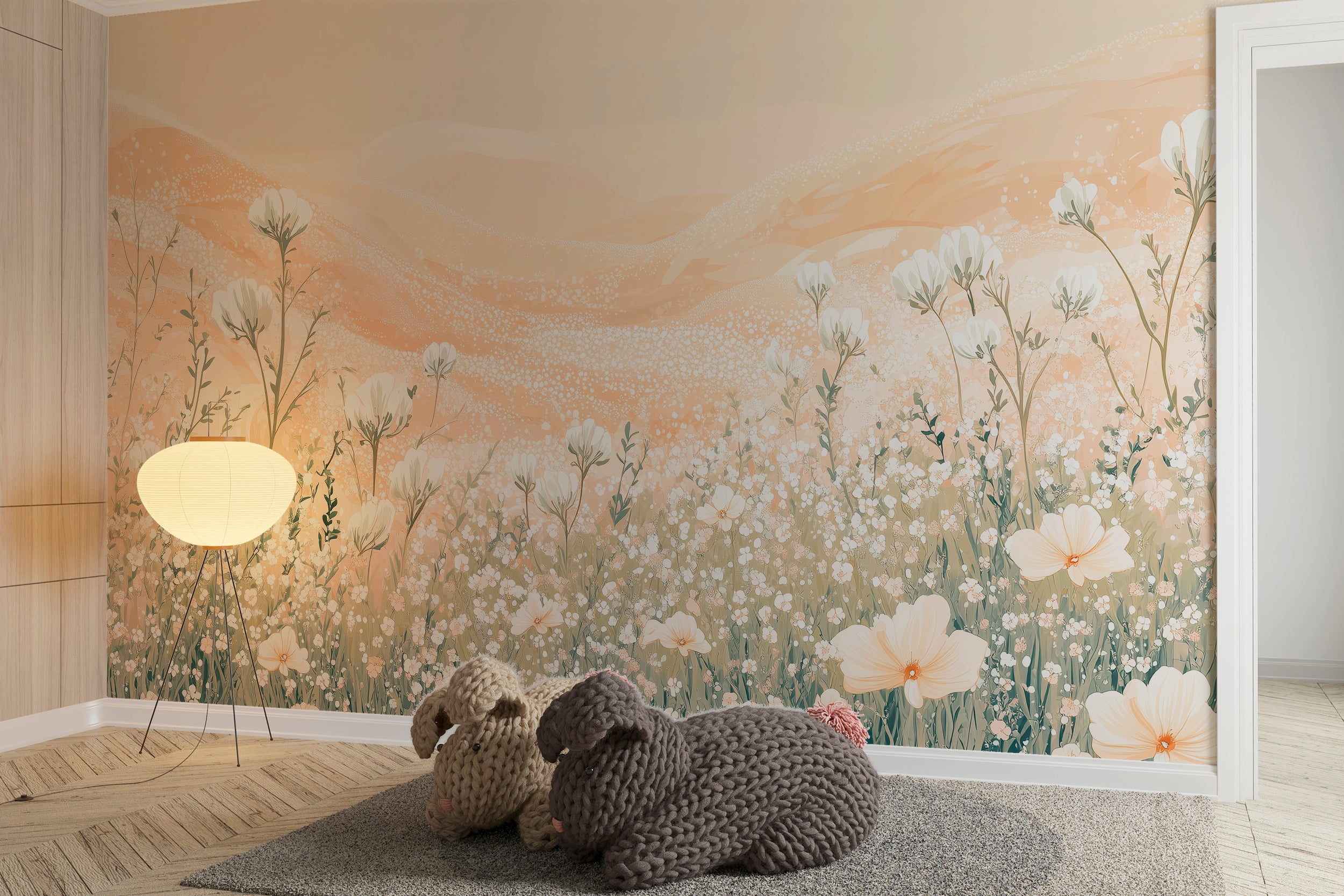Mural de campo de flores beige suave, decoración botánica cálida para guardería, papel tapiz de prado de flores blancas autoadhesivo