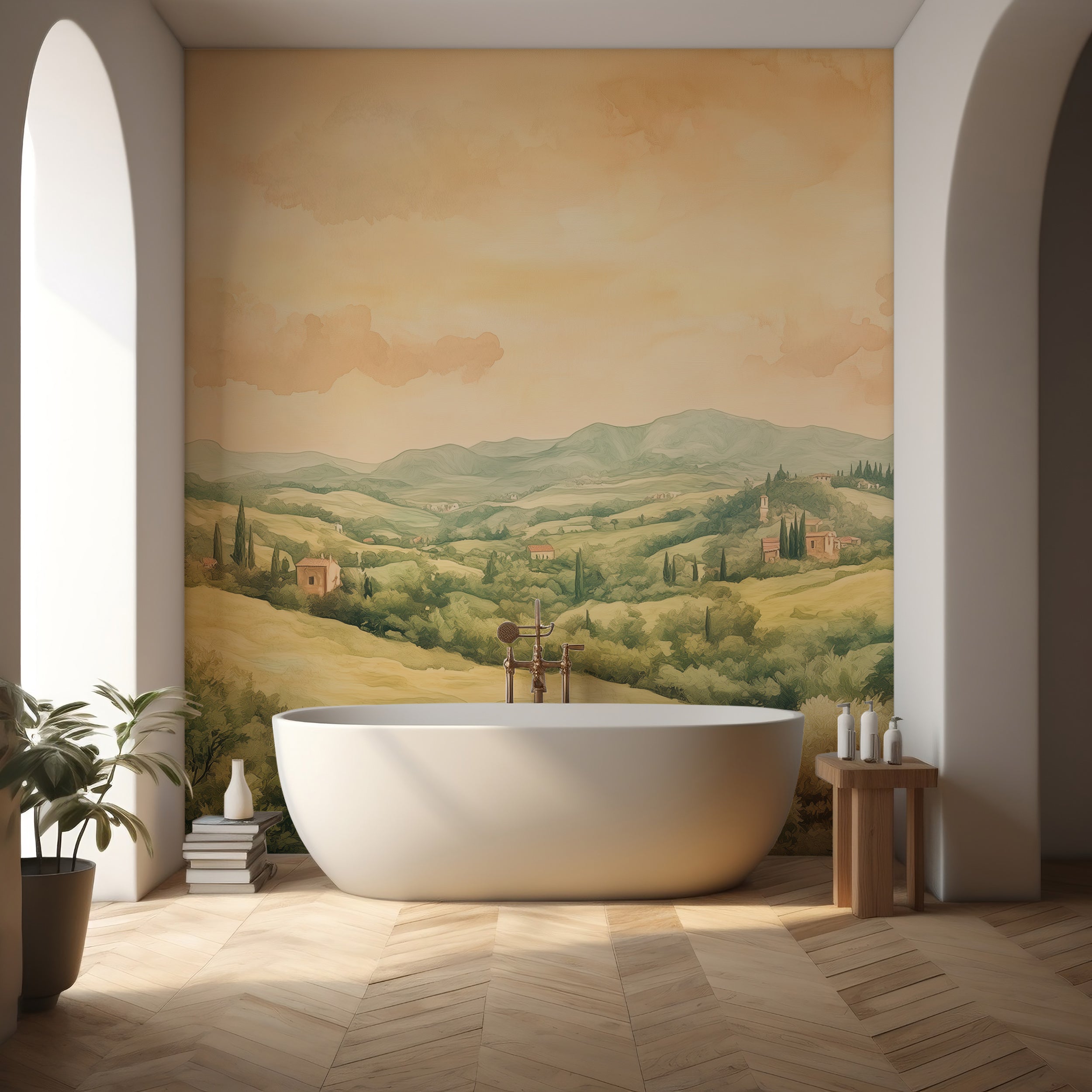 Warm old-style wallpaper with Italian watercolor art.
Timeless Italian countryside mural for interiors.