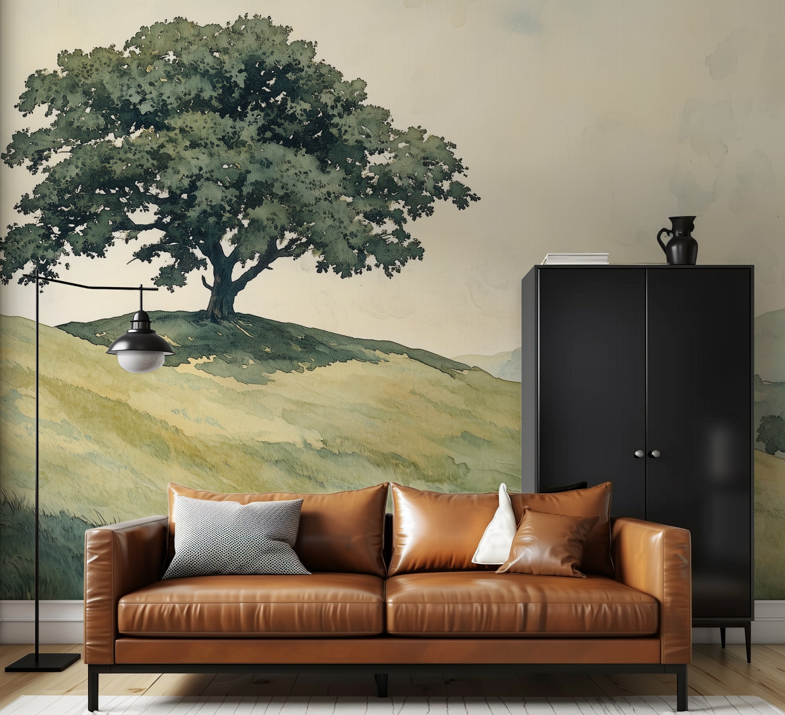 Lonely Tree Wall Mural, Vintage Watercolor Landscape Mural, Scenic Wallpaper, Peel and Stick Green Grass Wall Decor