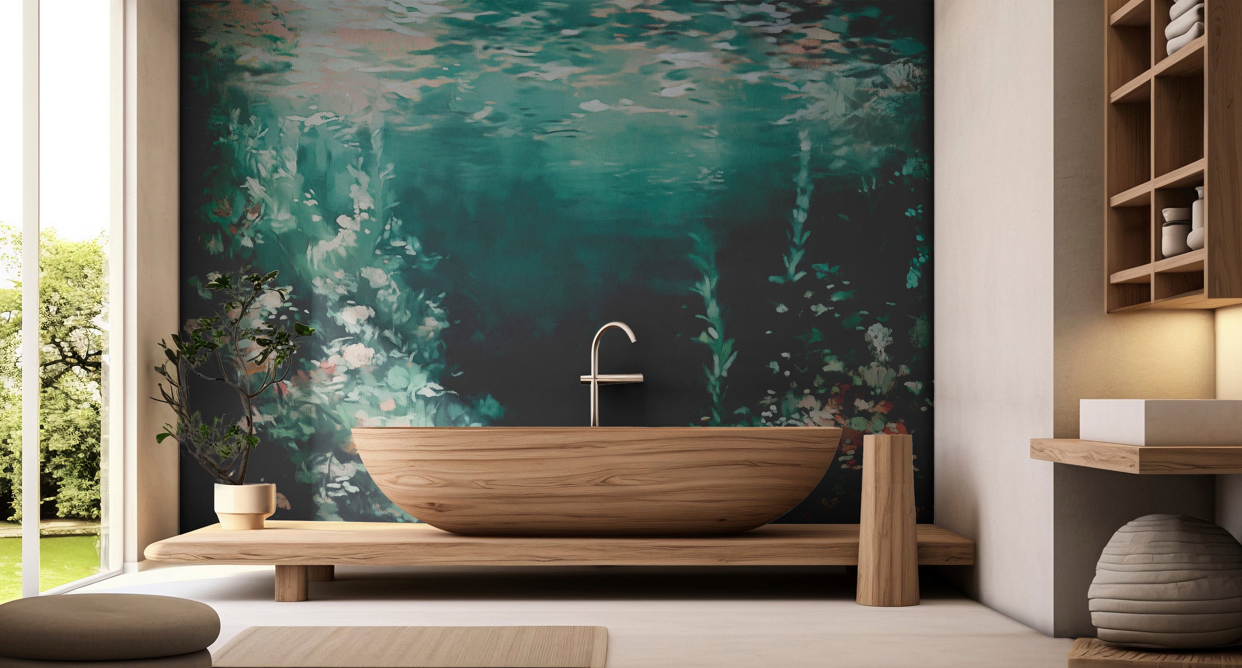 Papel pintado submarino turquesa oscuro, mural de pared océano místico, mural de pared corales verde oscuro autoadhesivo