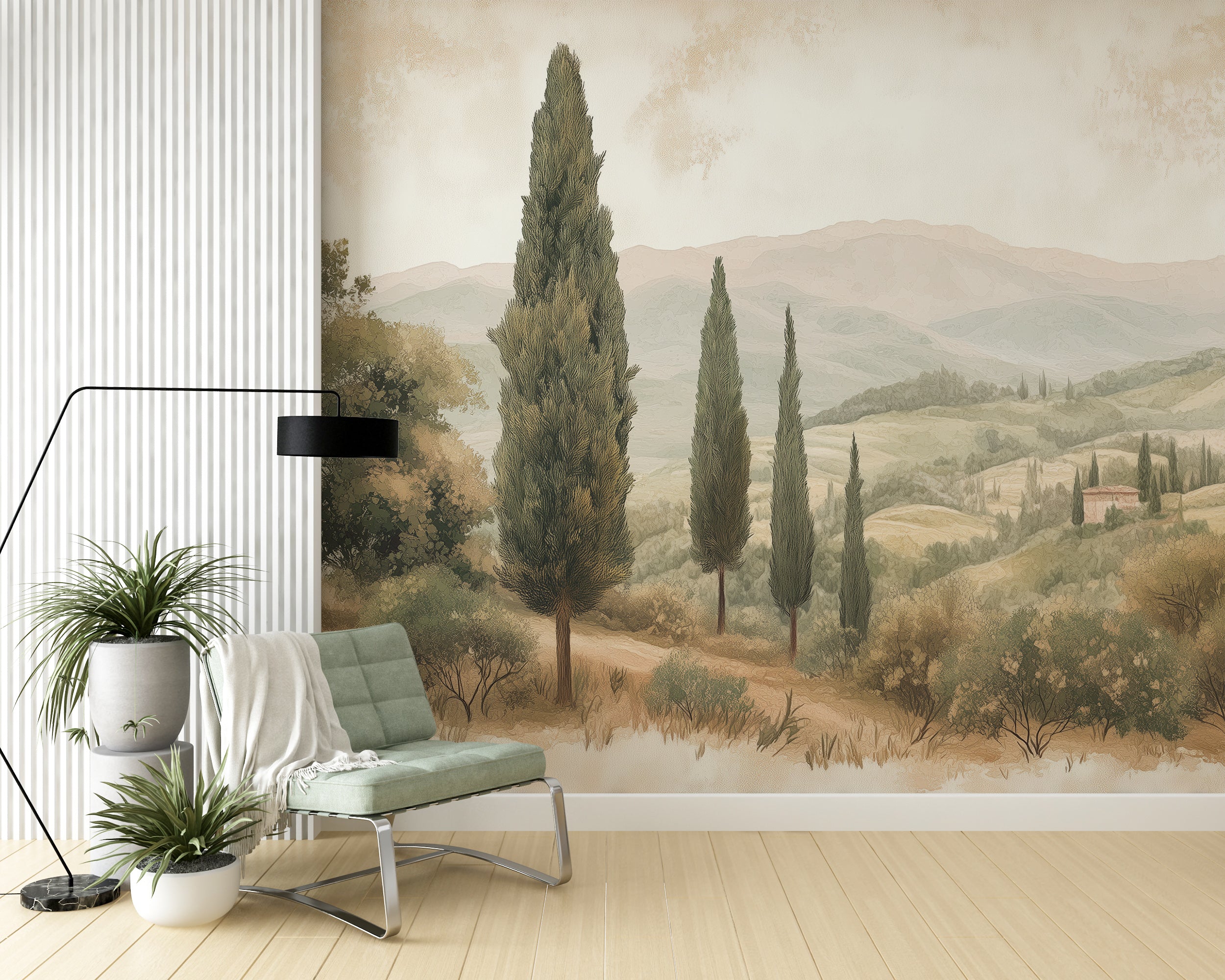 Vintage Scenic Wallpaper, Watercolor Retro Landscape Painting Wall Mural, Peel and Stick or Non-woven Home Decor