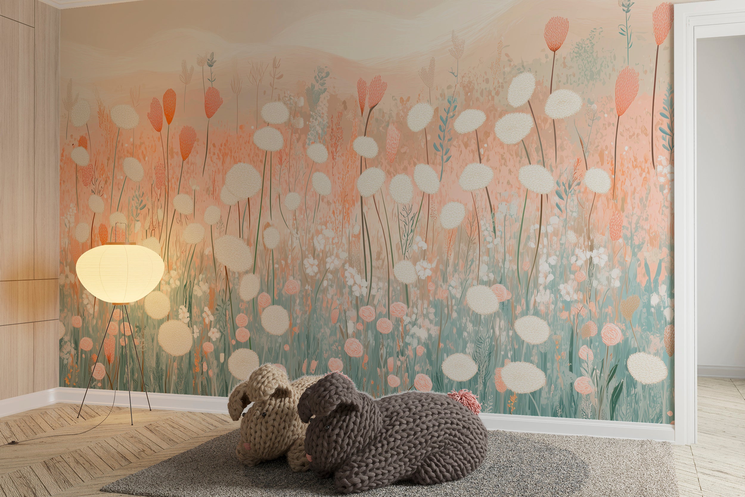 Pink and Green Watercolor Field Mural, Kids Room Neutral Soft Botanical Wallpaper, Peel and Stick Pre-pasted Decor