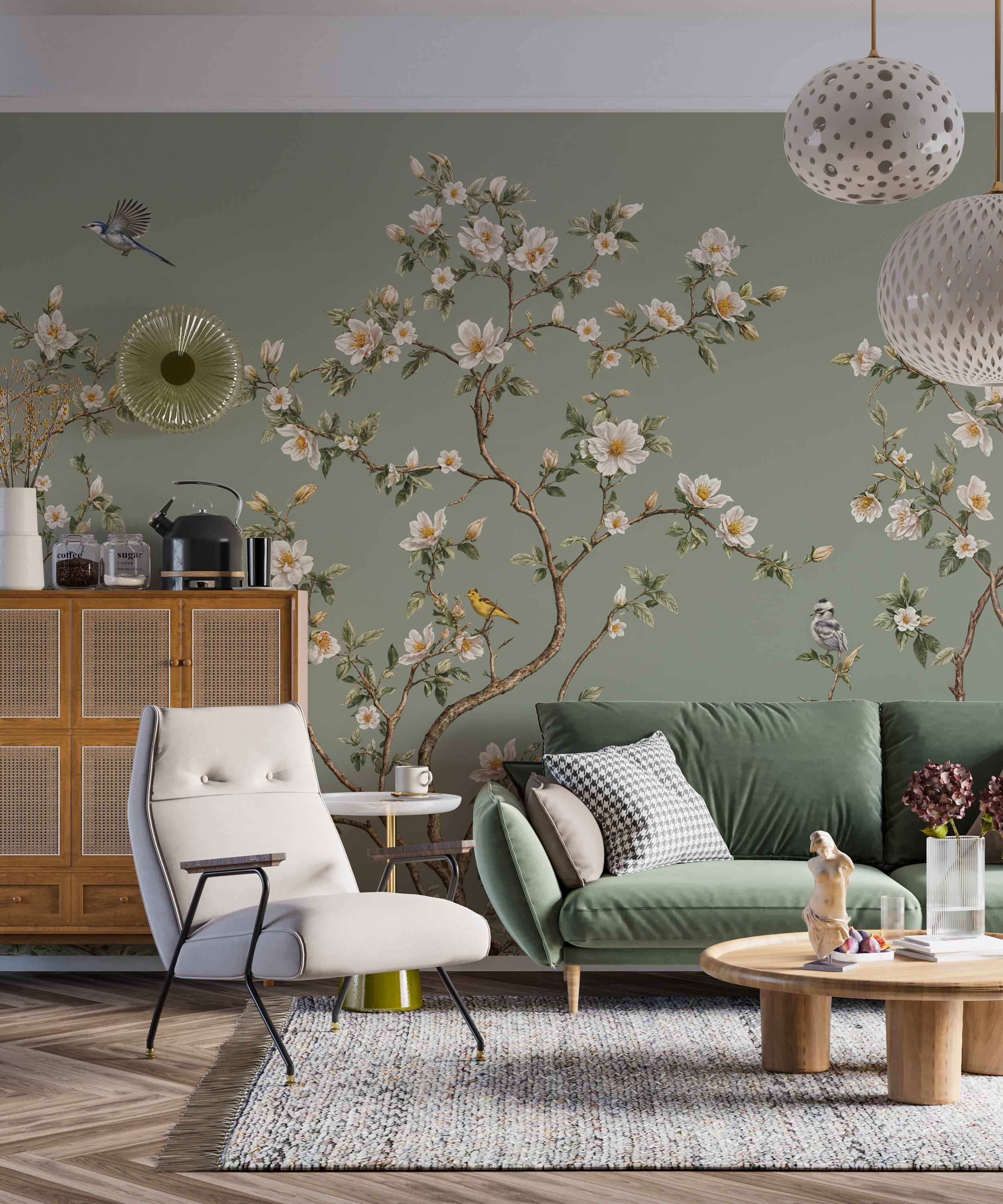 Muted Green Chinoiserie Wallpaper with White Cherry Blossoms and Birds Tree Branches Removable Wall Mural