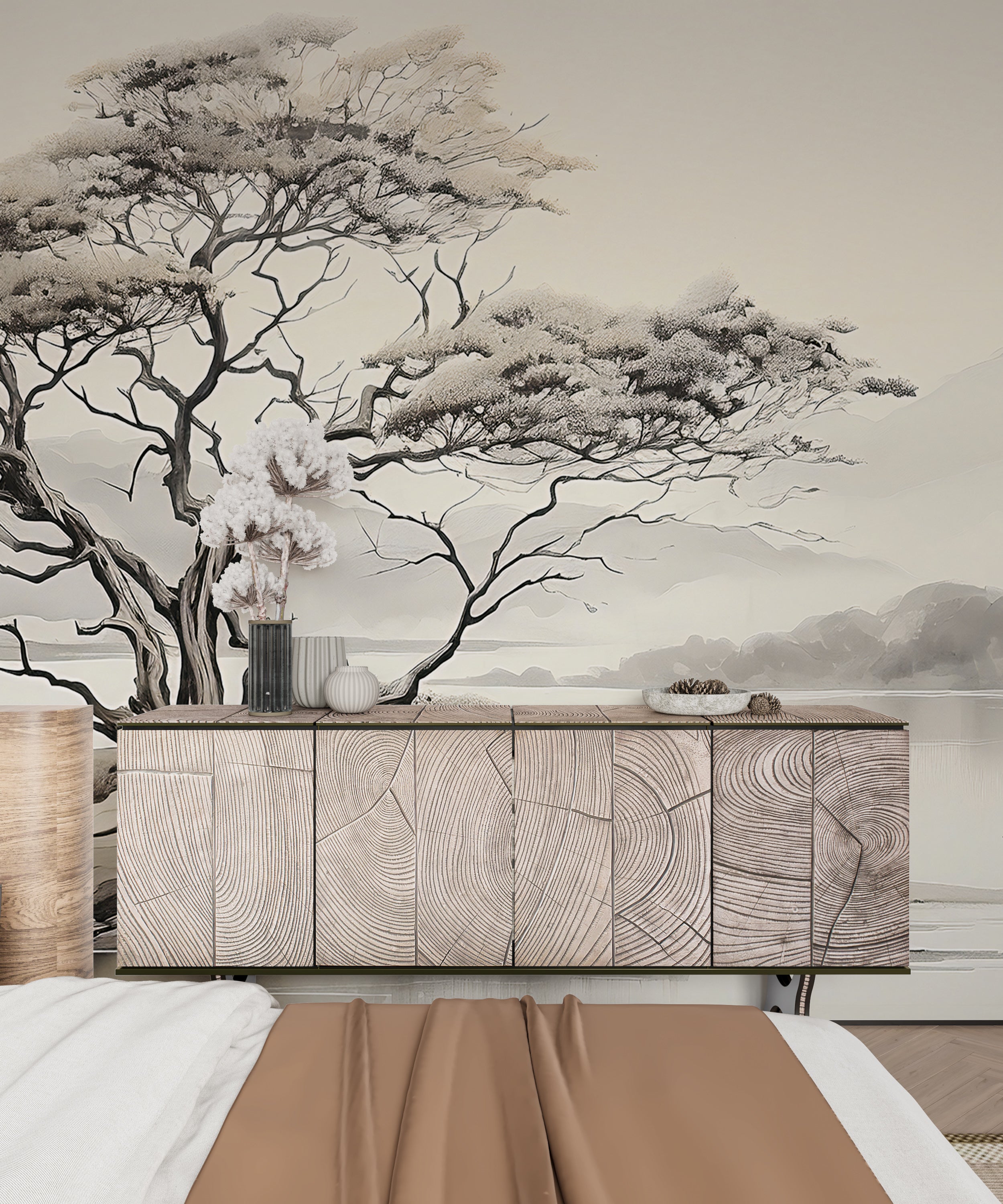 Monochrome Watercolor Tree Mural