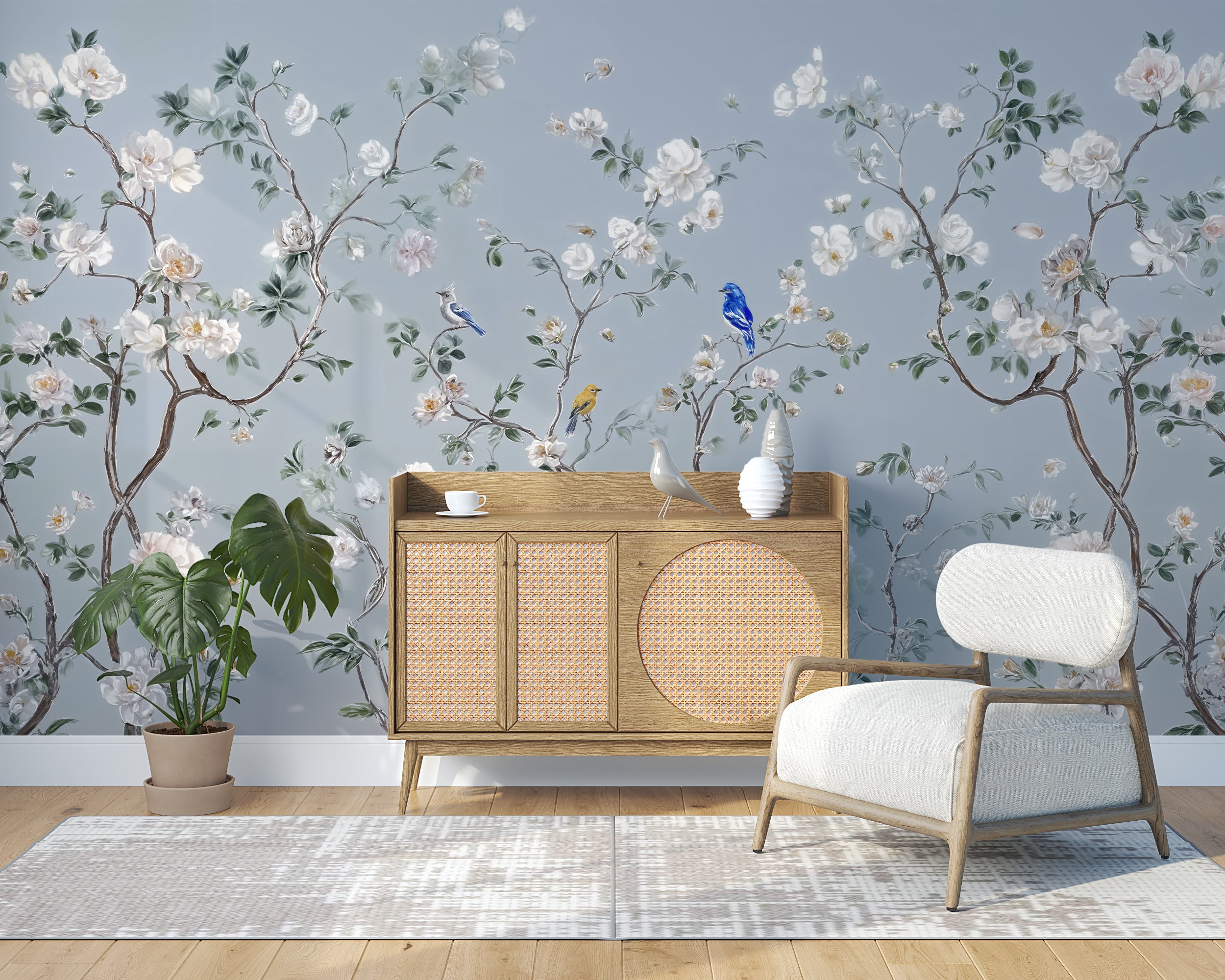 Watercolor Baby Blue Chinoiserie Wallpaper Blossom Branches and White Flowers Peel and Stick Japanese Wall Mural