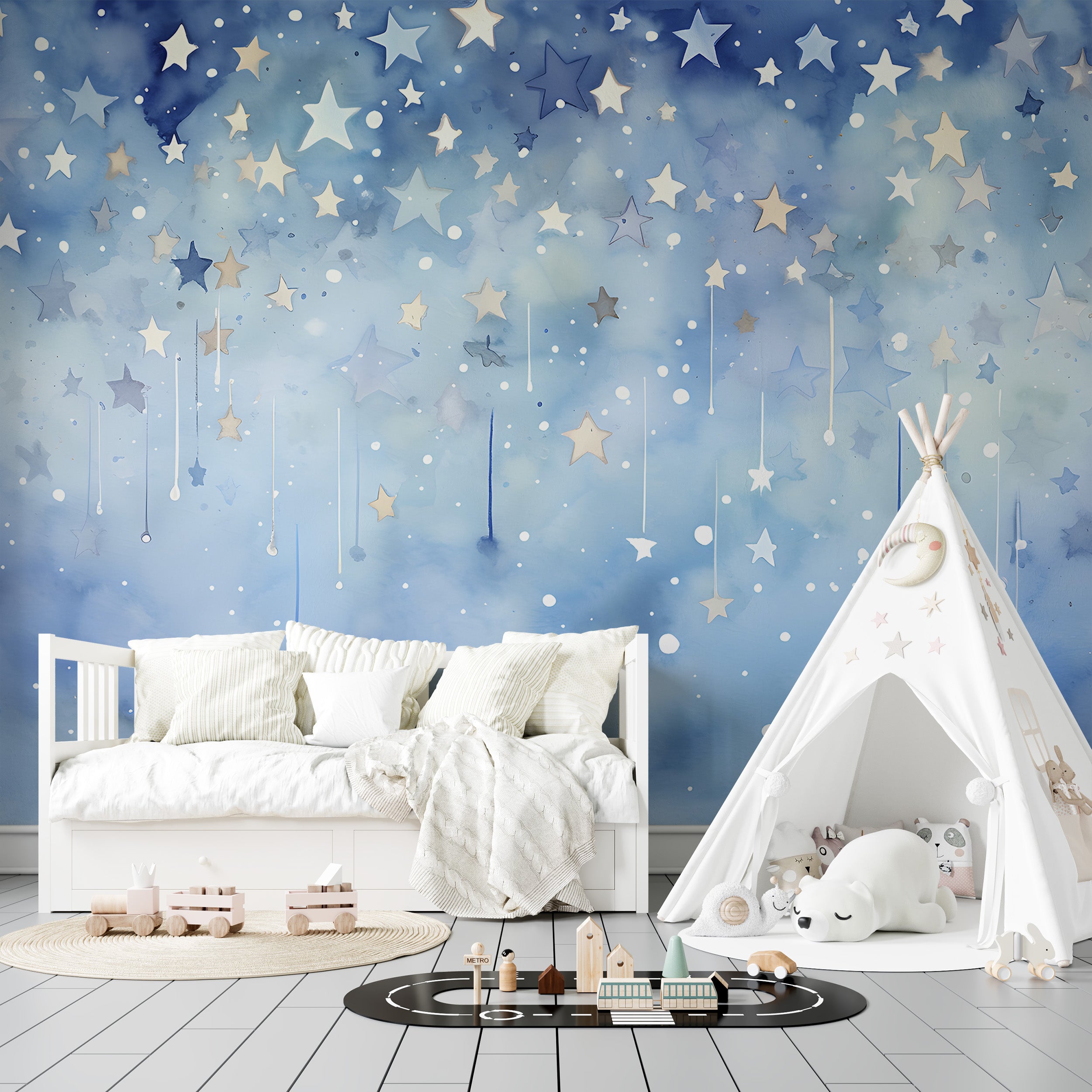 Blue Watercolor Nursery Stars Mural