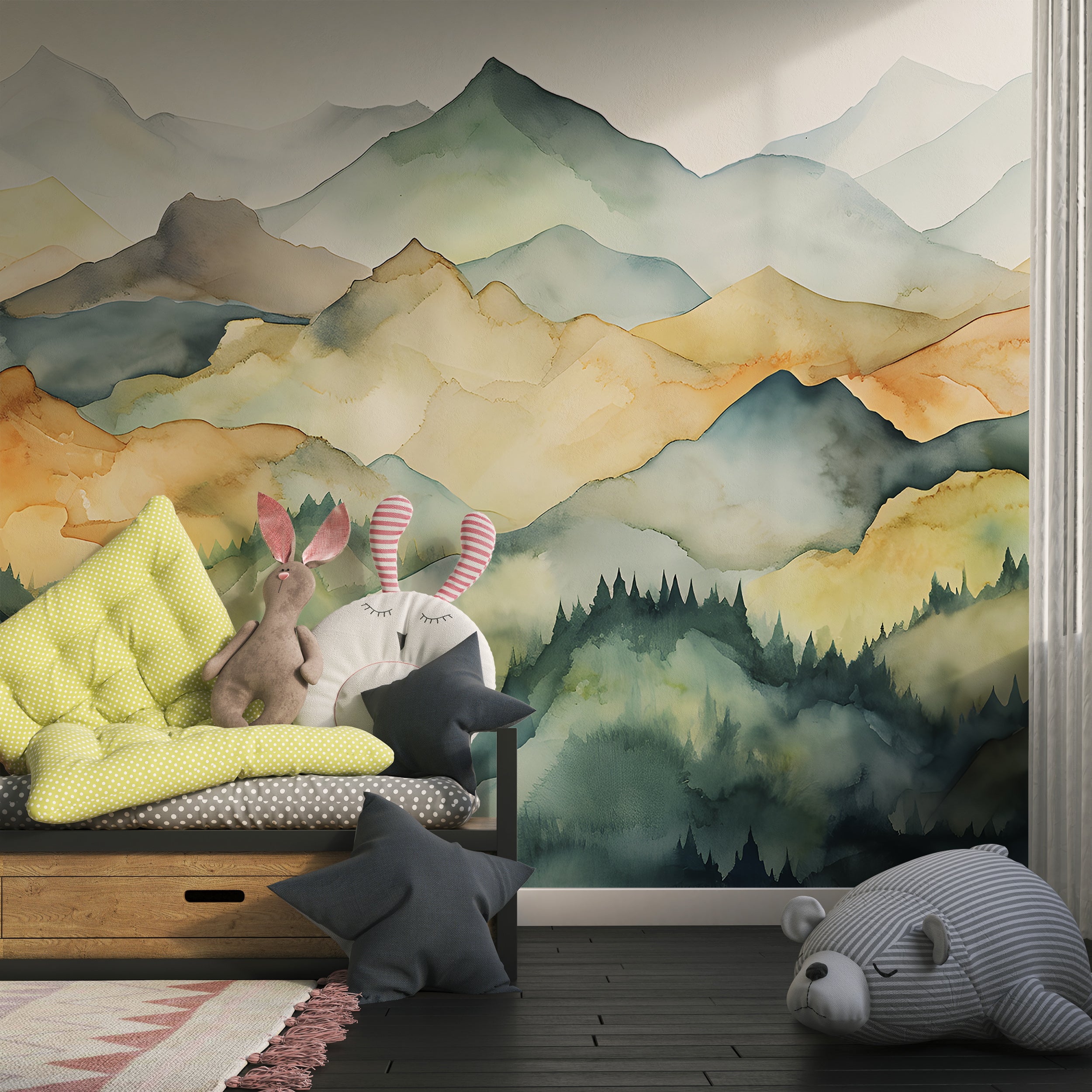 Watercolor Mountains and Forest Nursery Mural