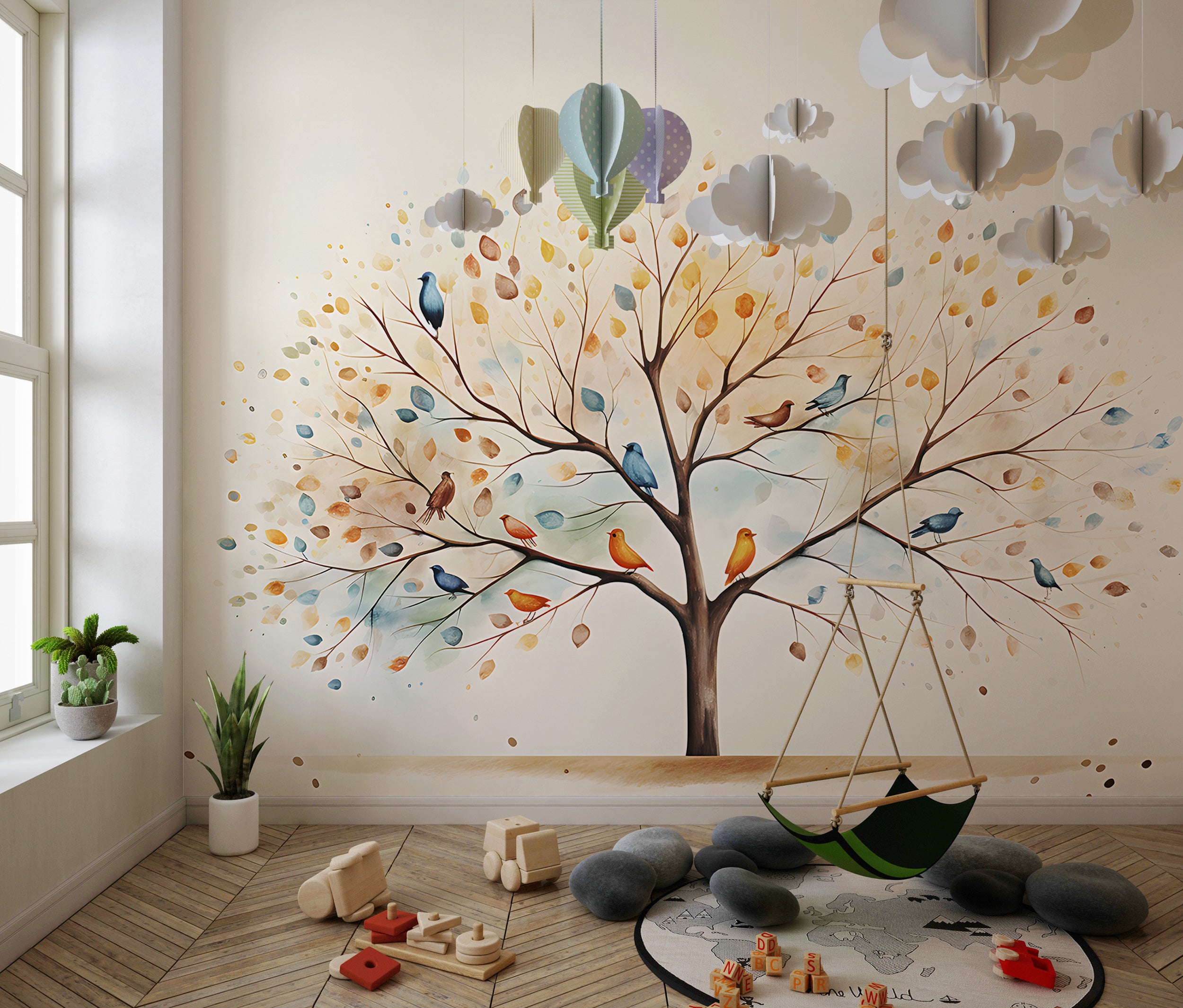 Nursery Tree With Birds Peel and Stick Mural