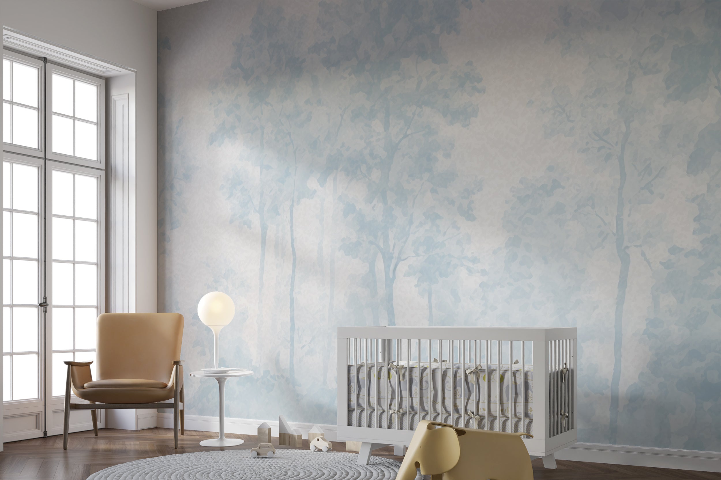 Blue Trees on White Background Forest Mural in Light Blue Toil de Jouy Style Peel and Stick Wallpaper