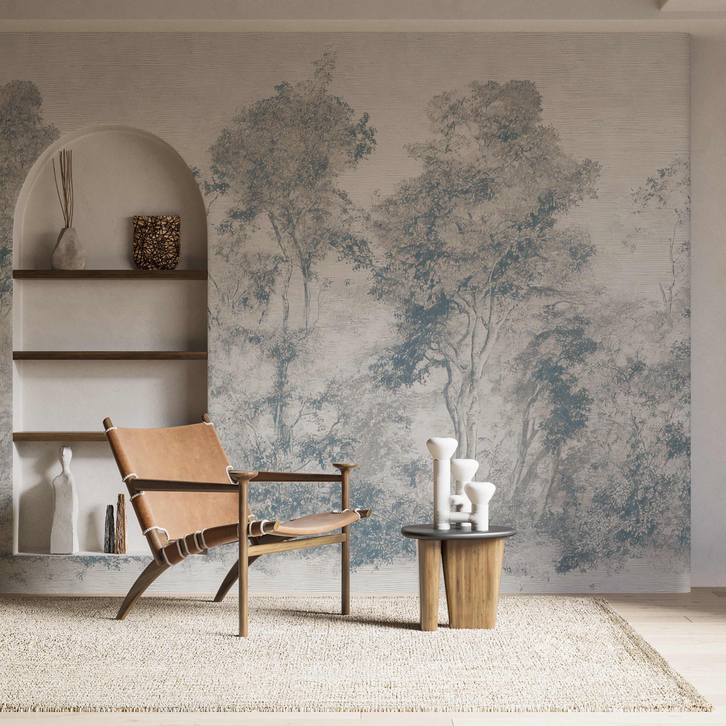 Grey Forest Monochrome Mural in Sepia Tone Peel and Stick Washed Out Trees Wallpaper