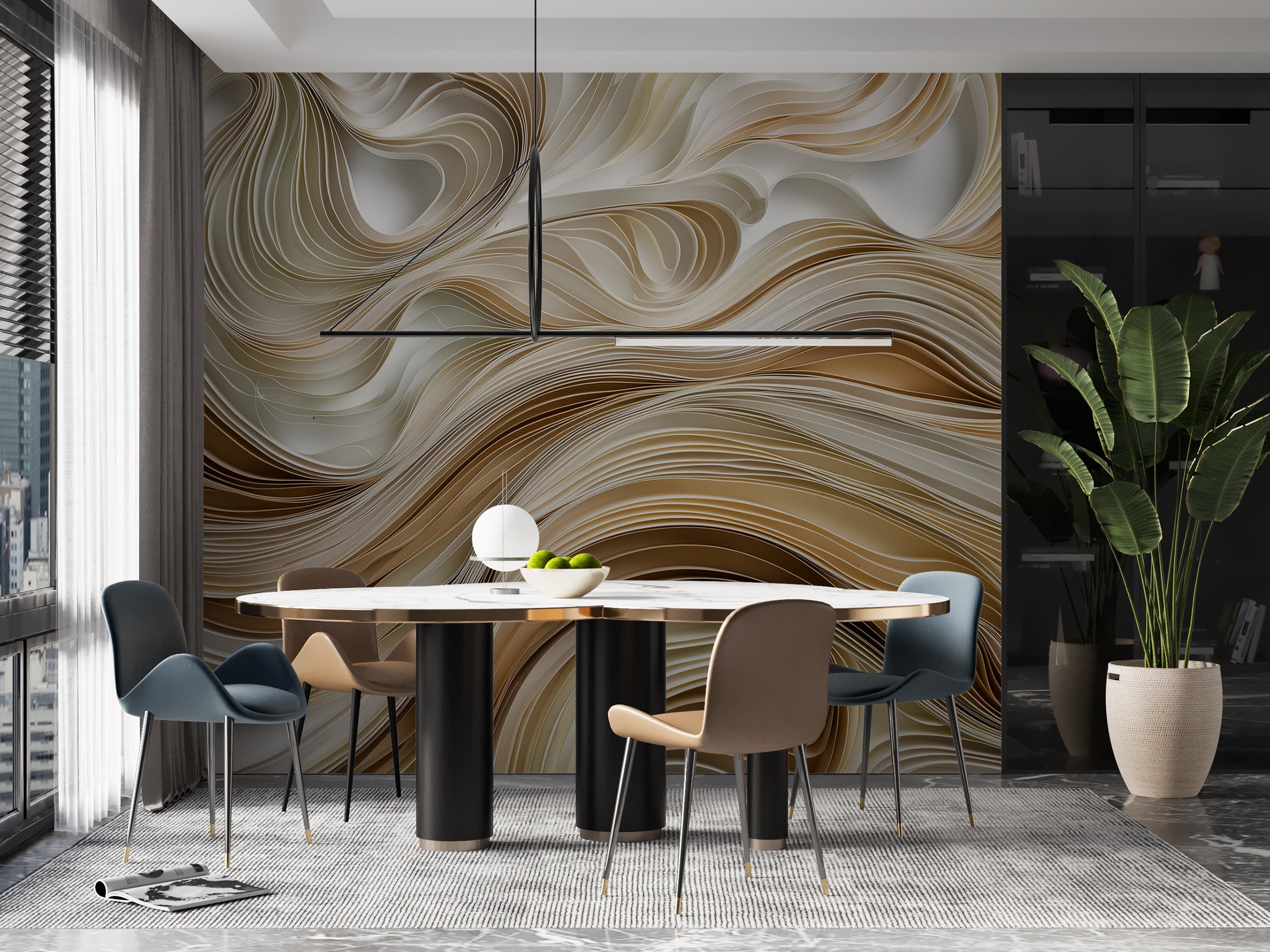 Beige and Cream Abstract Wavy Line Art Wall Mural in Soft Geometric Peel and Stick Design