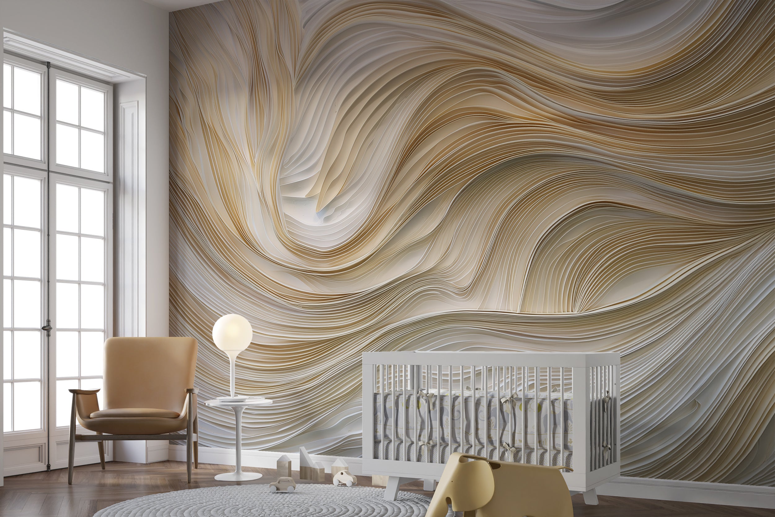 Light Beige Folded Paper Wavy Line Art Mural in Soft Abstract Style Peel and Stick Accent Wallpaper