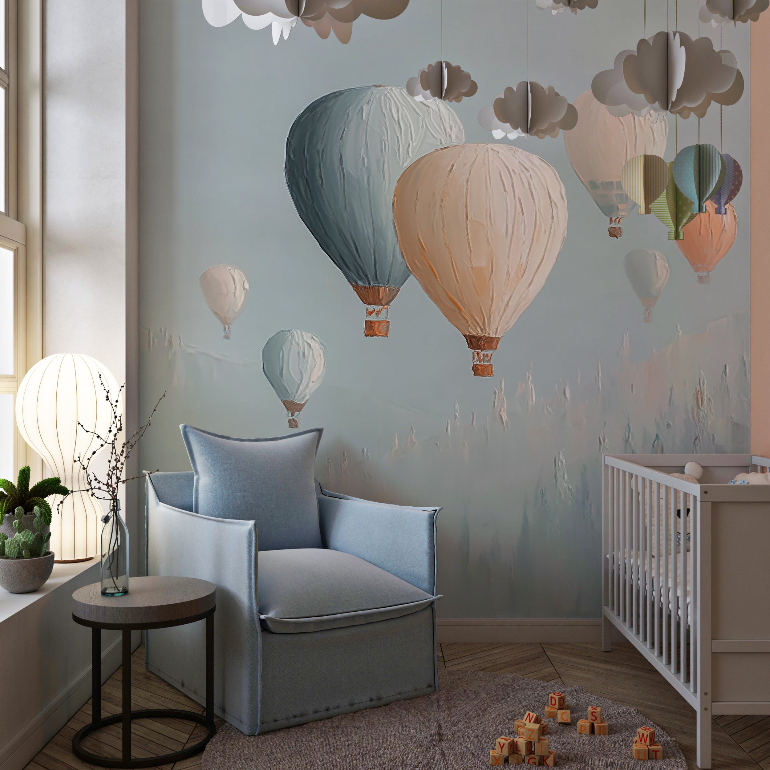 Pastel Hot Air Balloons Mural with Soft Blue Mountains Nursery Landscape Peel and Stick Wallpaper