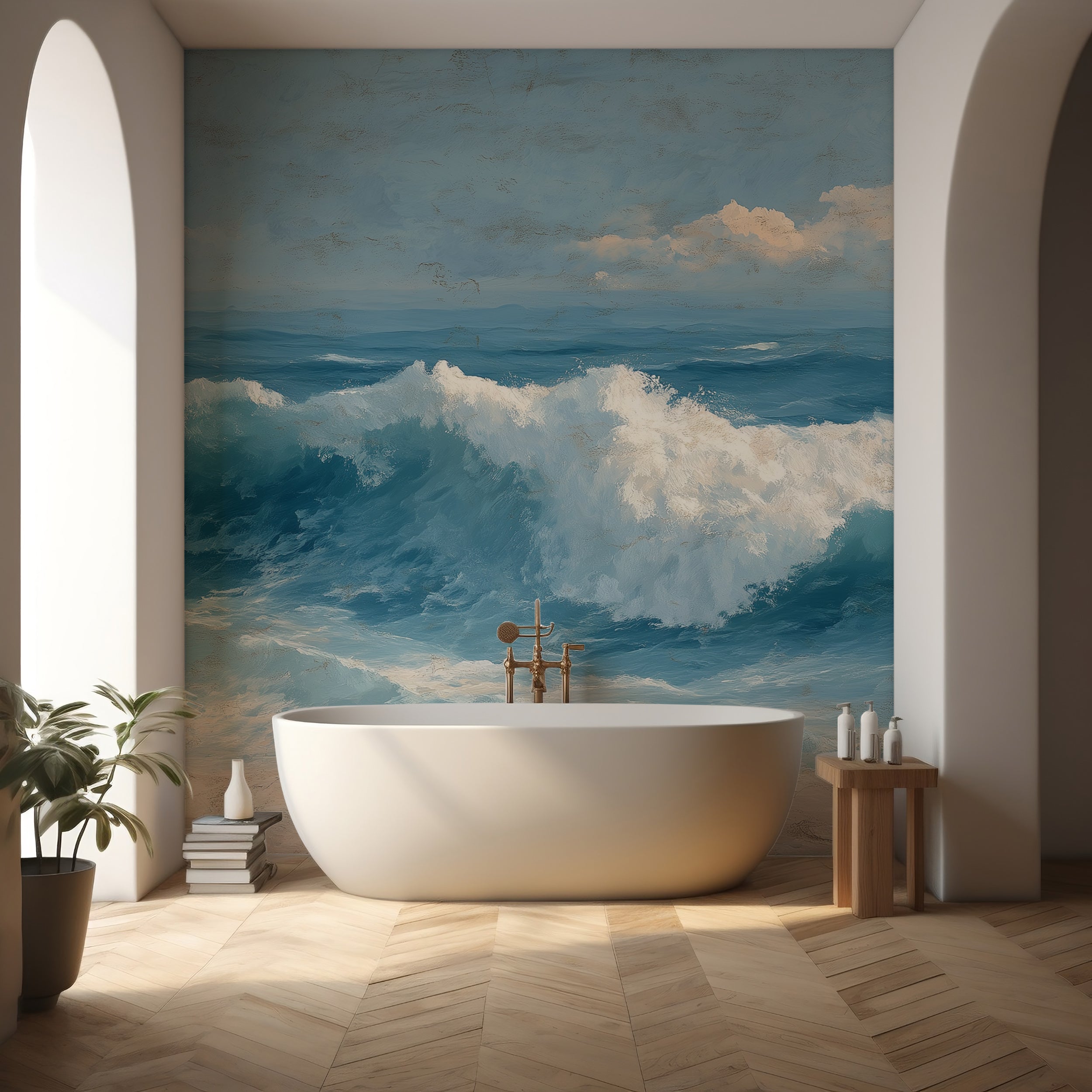 Large mural with rolling turquoise waves
Marine decor with wave motion