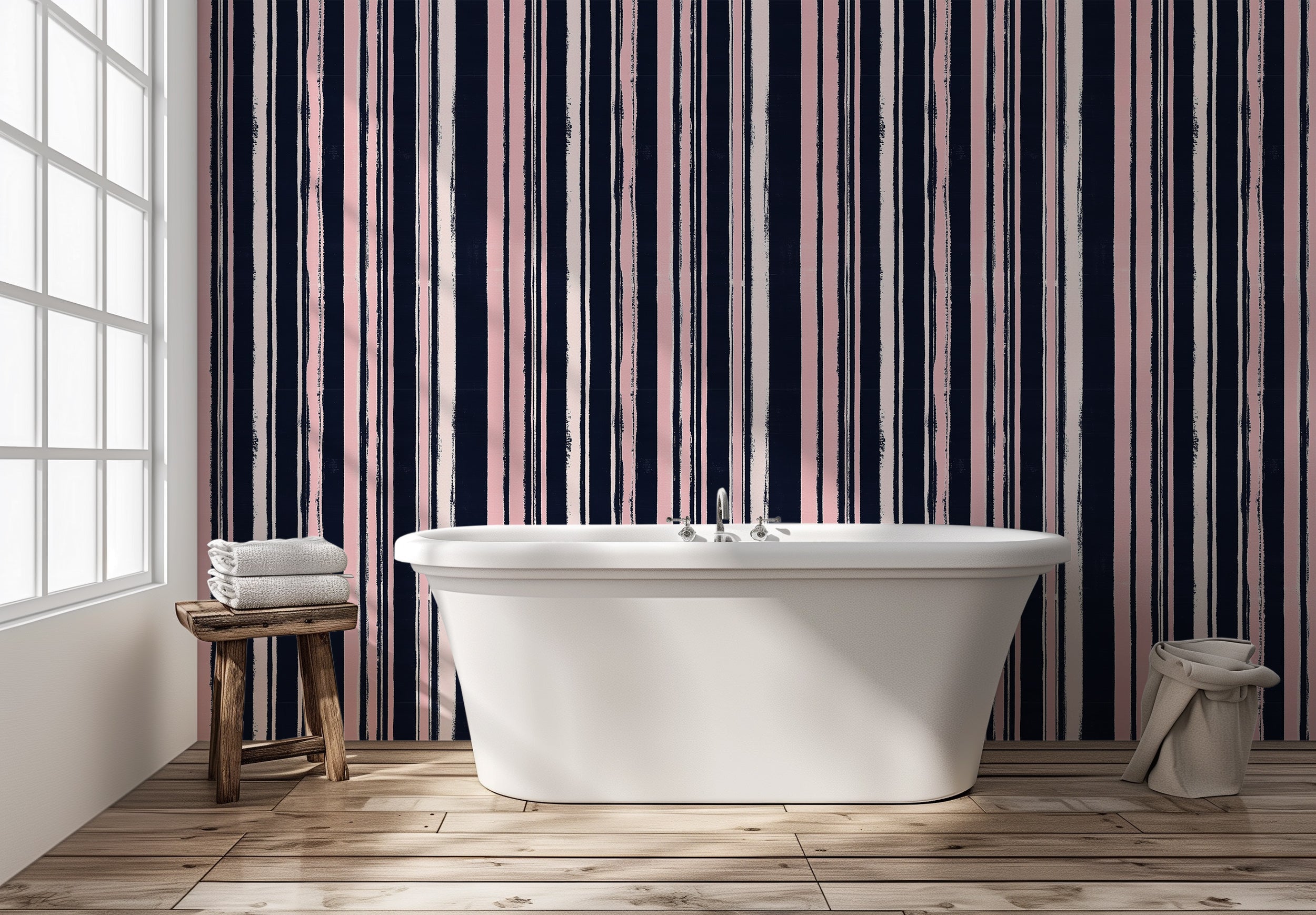 Dark Blue and Pink Striped Wallpaper, Classic Vertical Stripes Wall Decor, Peel and Stick Vintage Geometry Wallpaper
