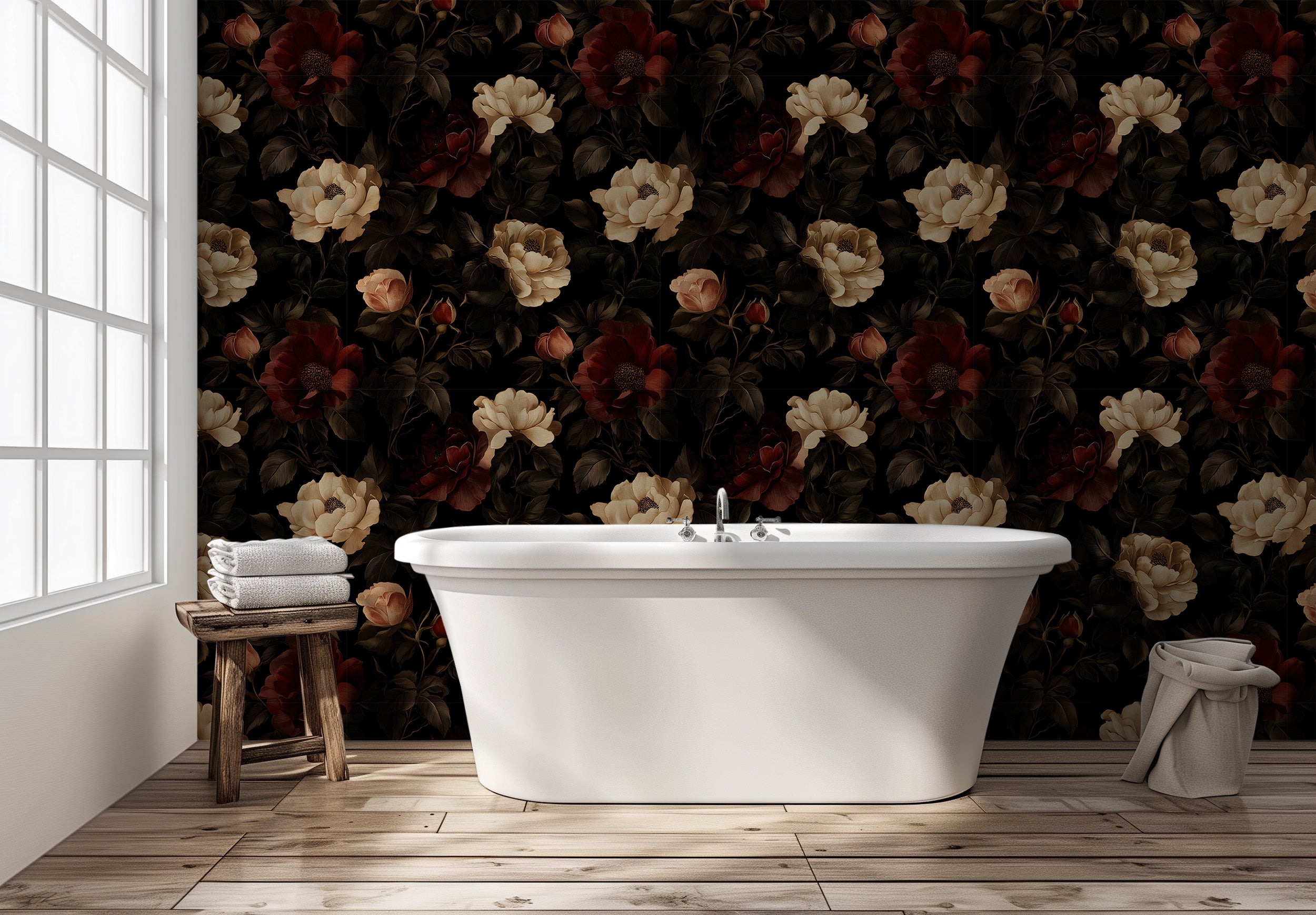 Dark Floral Wallpaper, Vintage Dark Botanical Wall Decor, Peel and Stick Old Style Flowers and Leaves Art