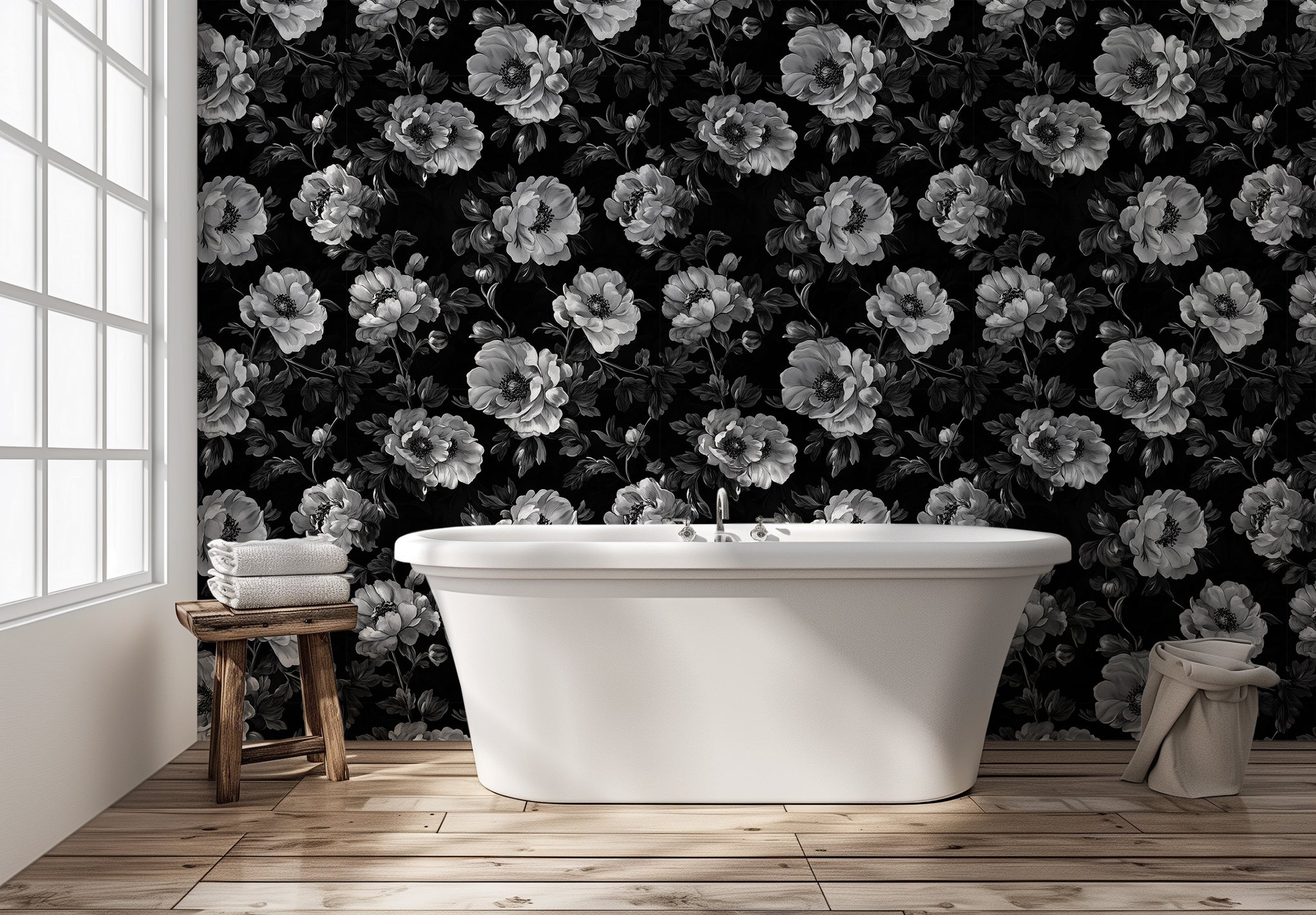 Black \u0026 White Floral Wallpaper - Vintage Flowers Monochrome Wallpaper, image size:2048x1424