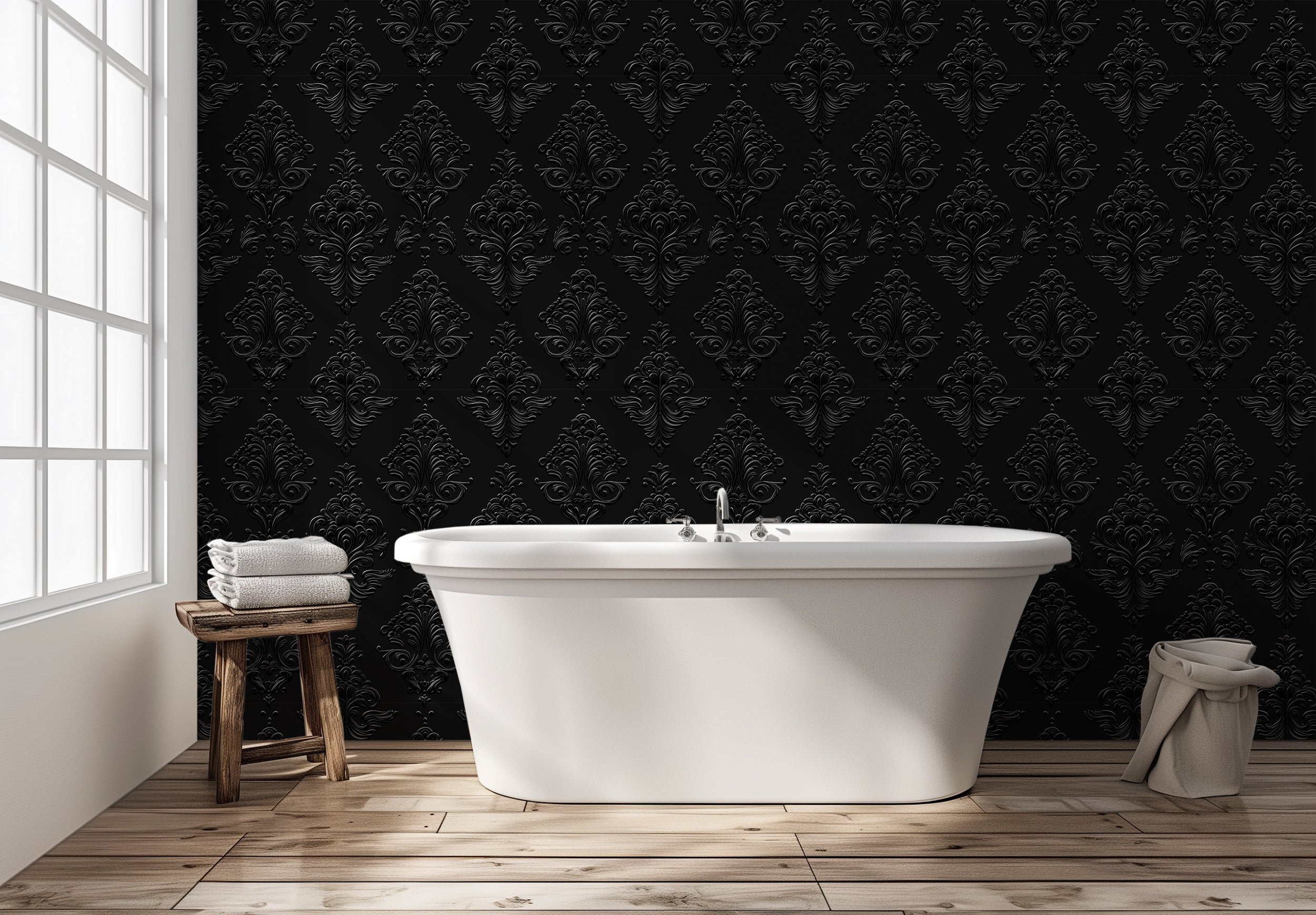 Black Classic Wallpaper, Dark Traditional Wall Decor, Peel and Stick Dark Vintage Wallpaper