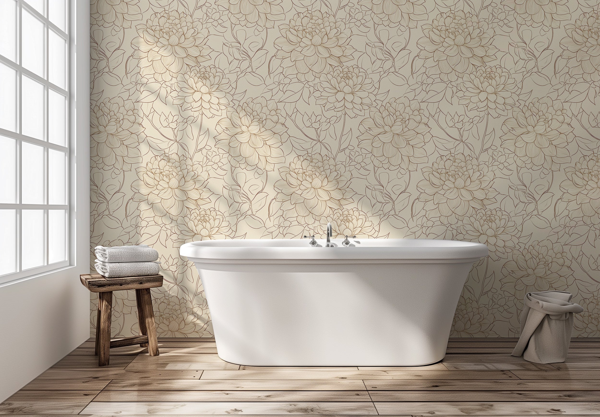 Papel pintado floral beige con estampado de peonías, decoración de pared con dibujo de contorno autoadhesivo.