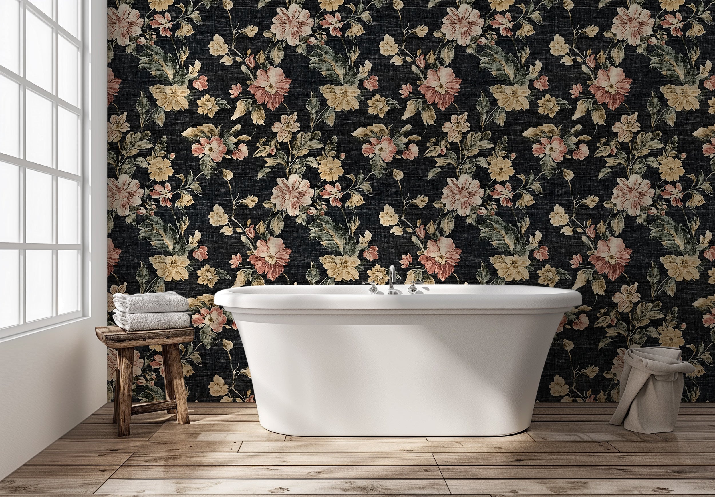 Rich Colors Floral Pattern Wallpaper, Vintage Dark Botanical Wall Decor, Peel and Stick Black Linen Background Art