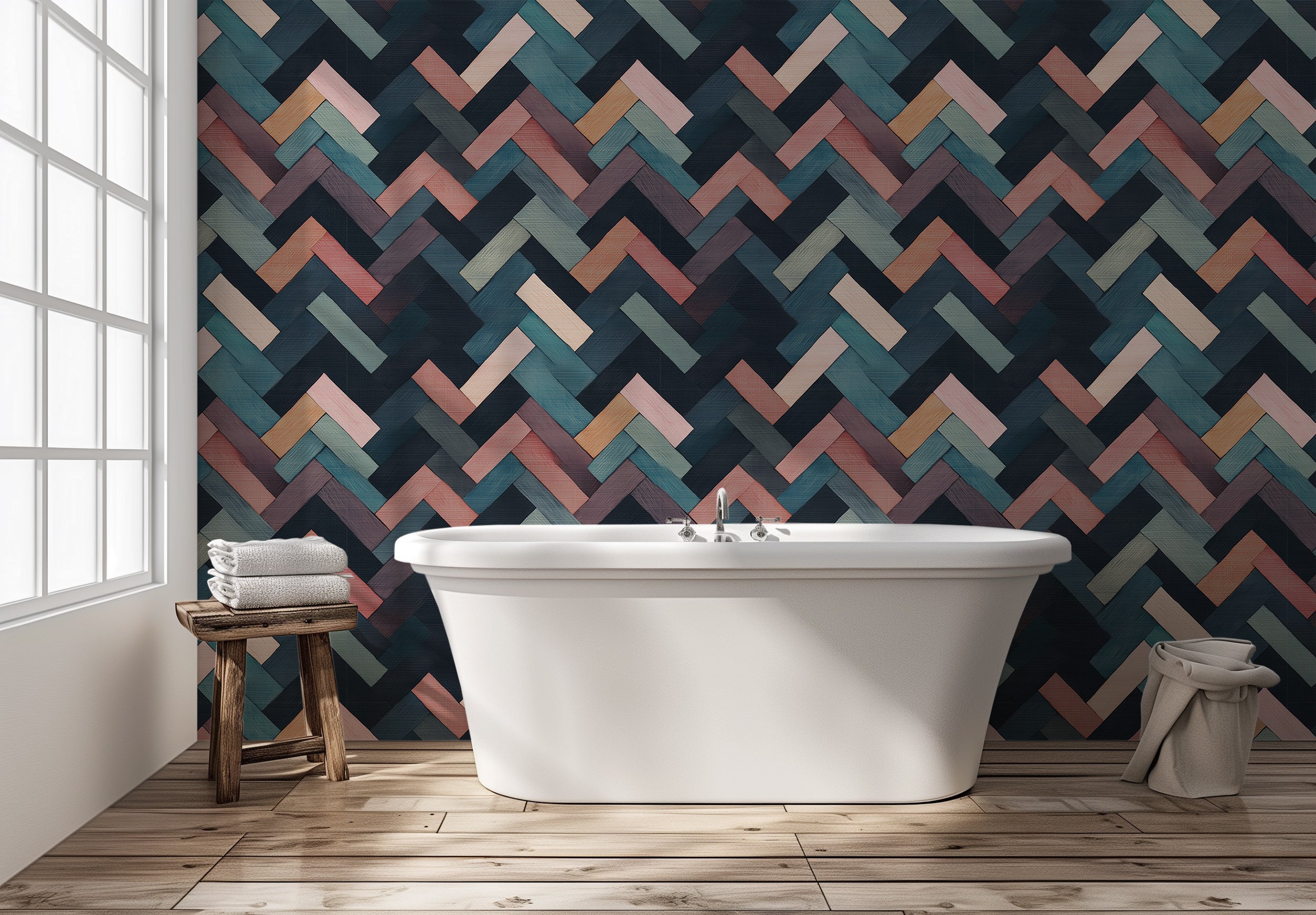 Colorful Herringbone Wallpaper, Modern Accent Wall Geometric Wallpaper, Peel and Stick Pastel Colors Herringbone Art